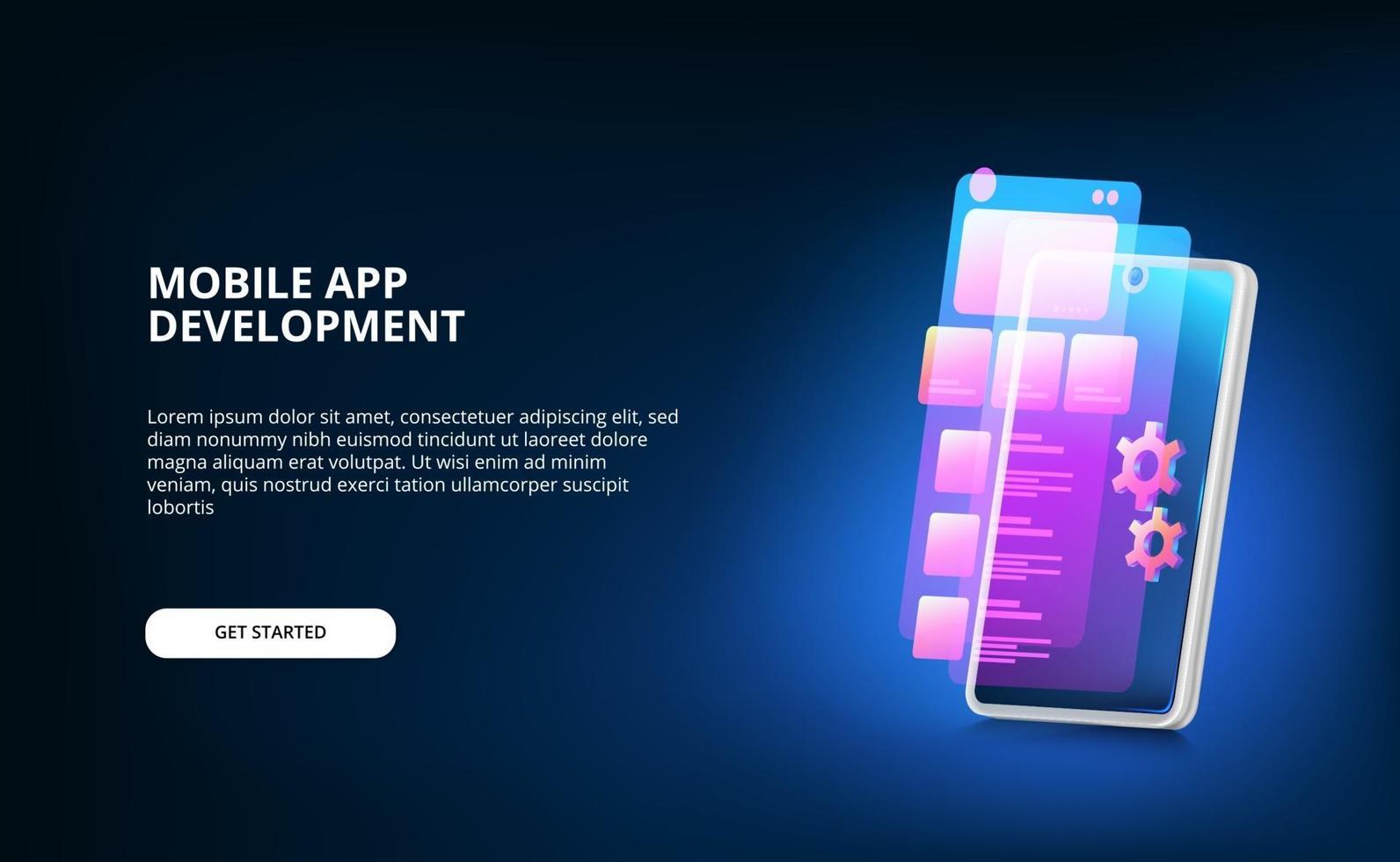 modern mobile app development with screen ui design and gear machine with neon gradient color and 3D smartphone with glow screen vector