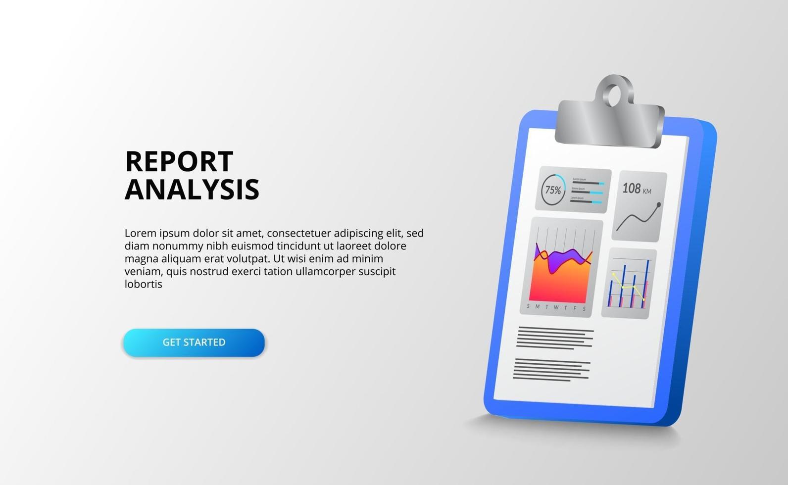 informe y análisis de gráficos de estadísticas de datos con portapapeles 3d para finanzas, negocios, contabilidad, oficina. vector
