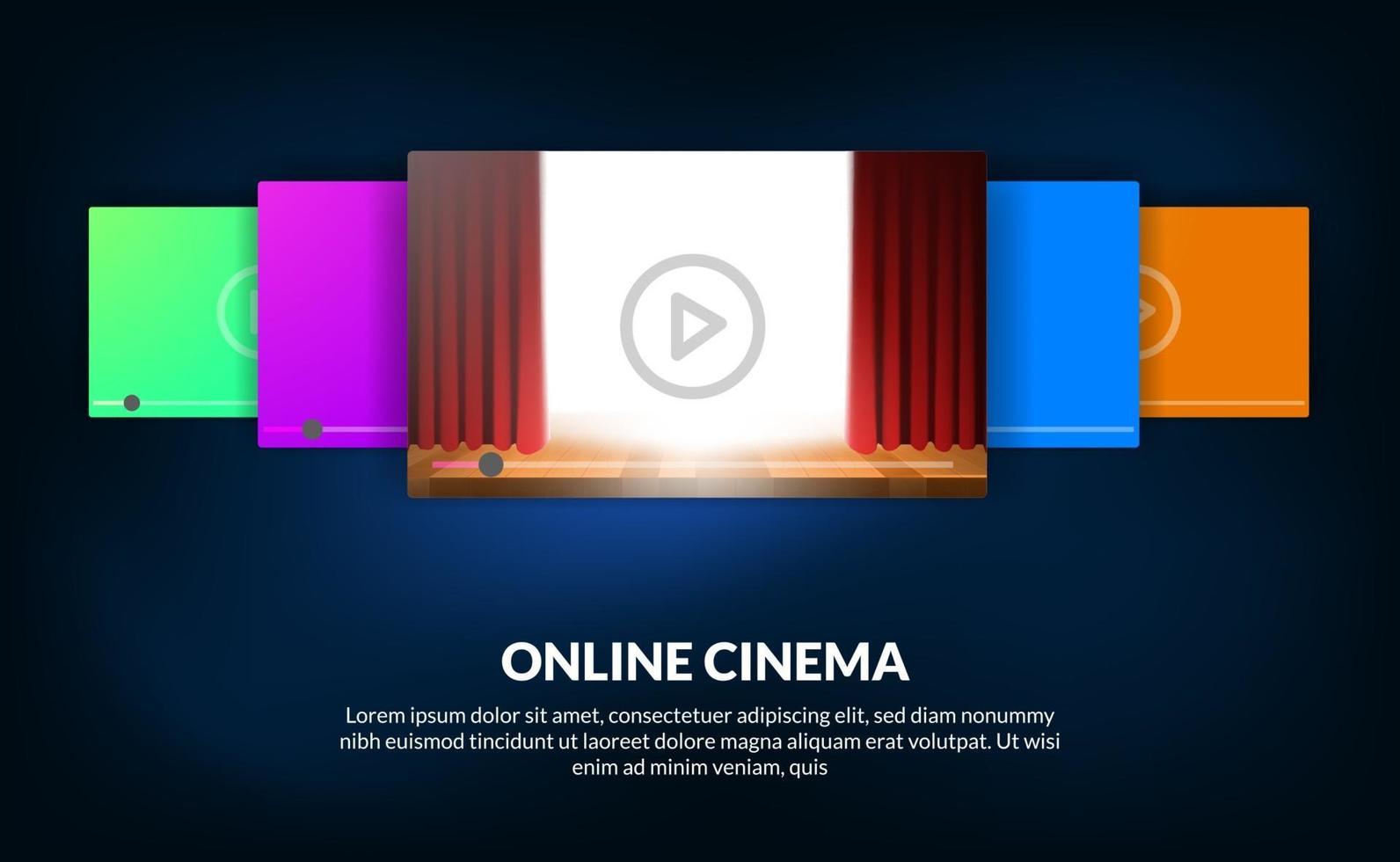 Carrusel de películas para el concepto de cine de video en línea con espectáculo de escenario de cortina roja para vista previa de la película vector