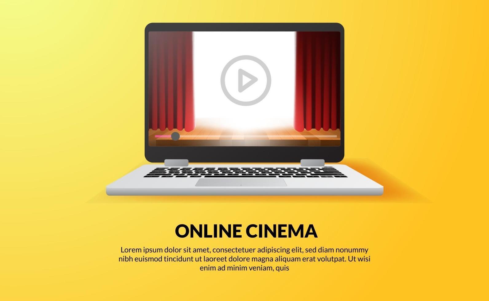 online cinema, video and film streaming with device at home concept. red curtain stage show on the screen of laptop device. vector