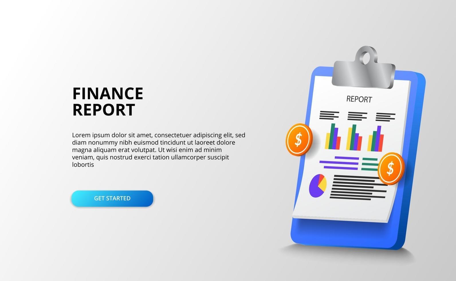 Informe financiero con portapapeles Gráfico de estadísticas de papel establecido en 3D con dinero dorado para negocios, contabilidad, economía. vector