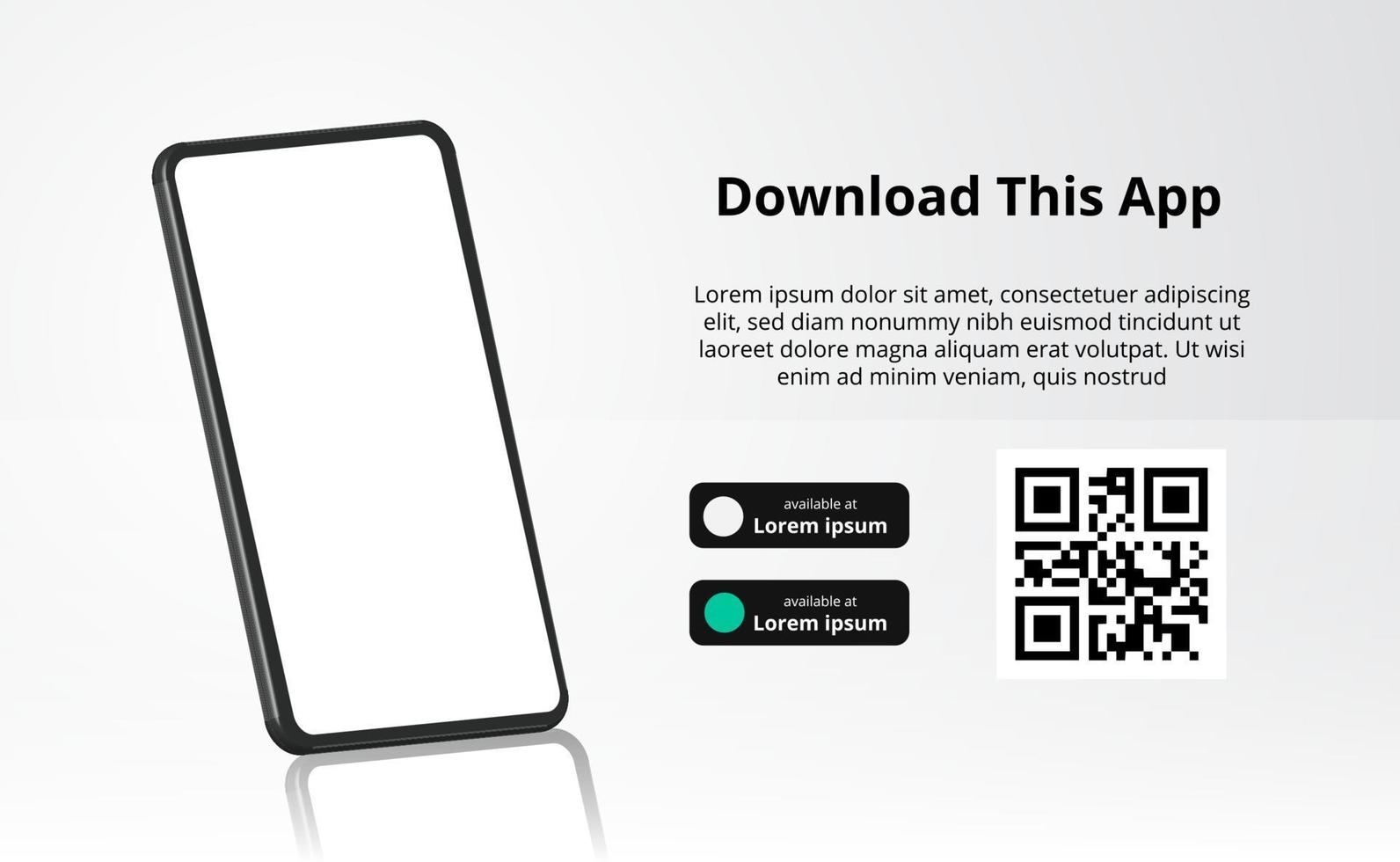 Publicidad de banner de página de destino para descargar la aplicación para teléfono móvil, teléfono inteligente 3d con reflejo. descargar botones con plantilla de escaneo de código qr. vector