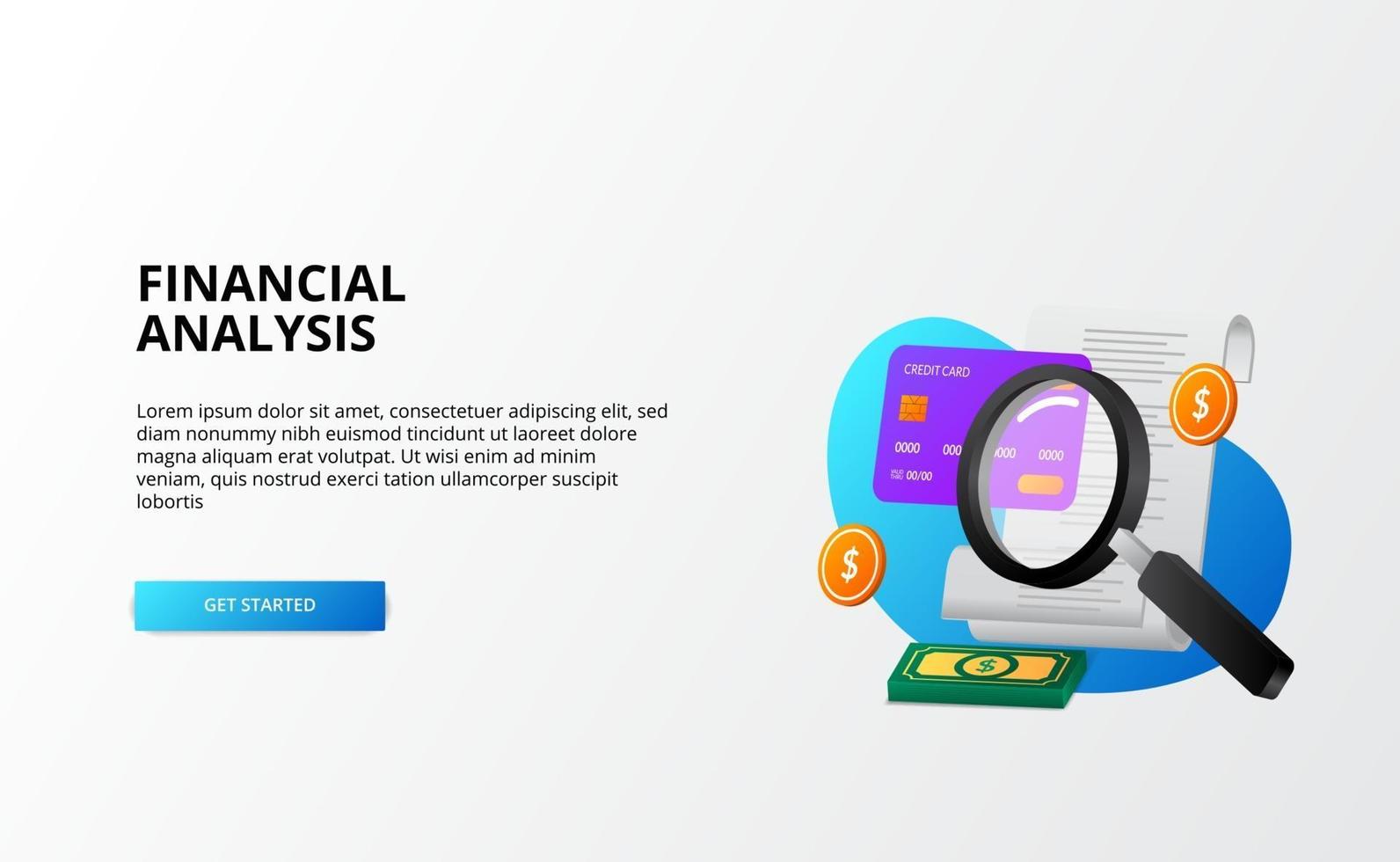 auditing finance analysis concept. economy business concept. magnifying glass, bils, credit card, money 3d fun modern gradient landing page vector