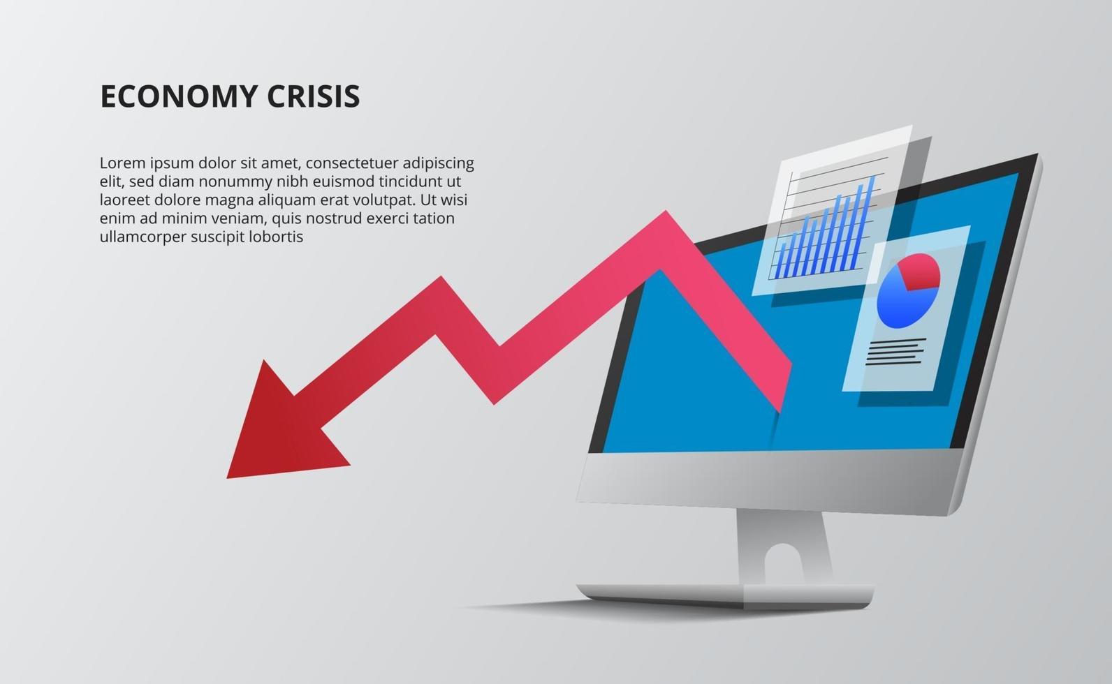 Bearish down economy with red arrow and device computer desktop 3D perspective. data infographic data visualization with chart and stats. vector