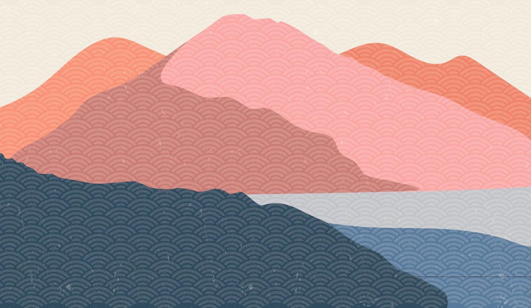 Fondo de artes abstractas pintado a mano minimalista creativo. Pintura de paisaje de montaña de naturaleza con vector de patrón de onda japonés.