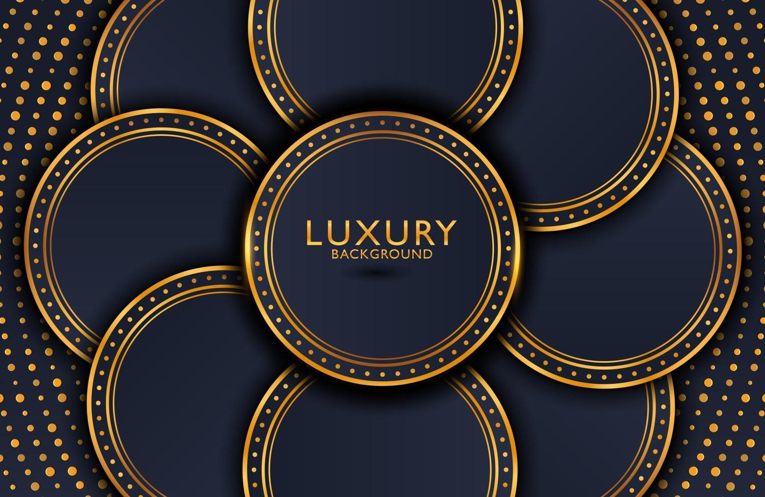 Luxury elegant background with shiny gold circle element and dots particle on dark black metal surface. Business presentation layout vector