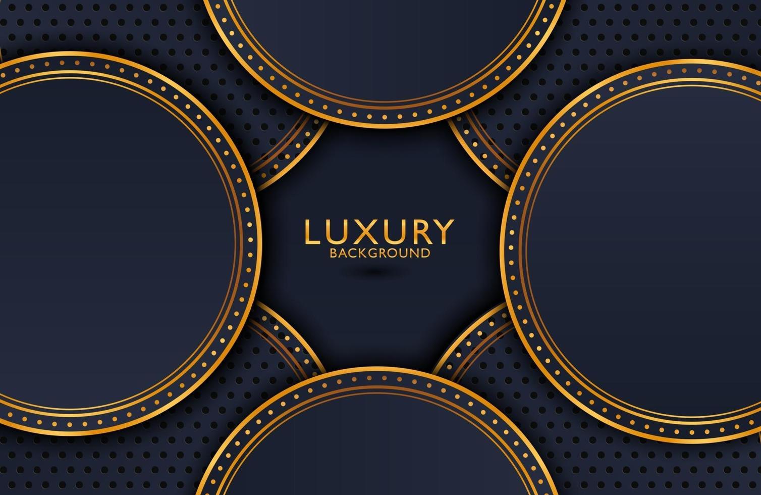 Luxury elegant background with shiny gold circle element and dots particle on dark black metal surface. Business presentation layout vector