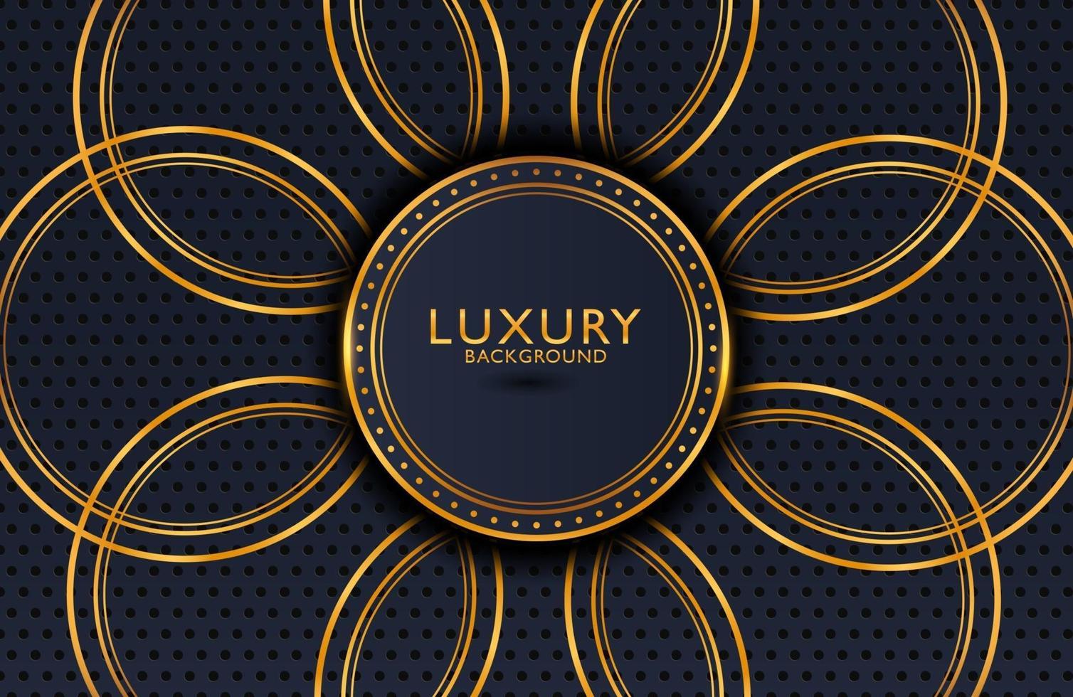 Luxury elegant background with shiny gold circle element and dots particle on dark black metal surface. Business presentation layout vector