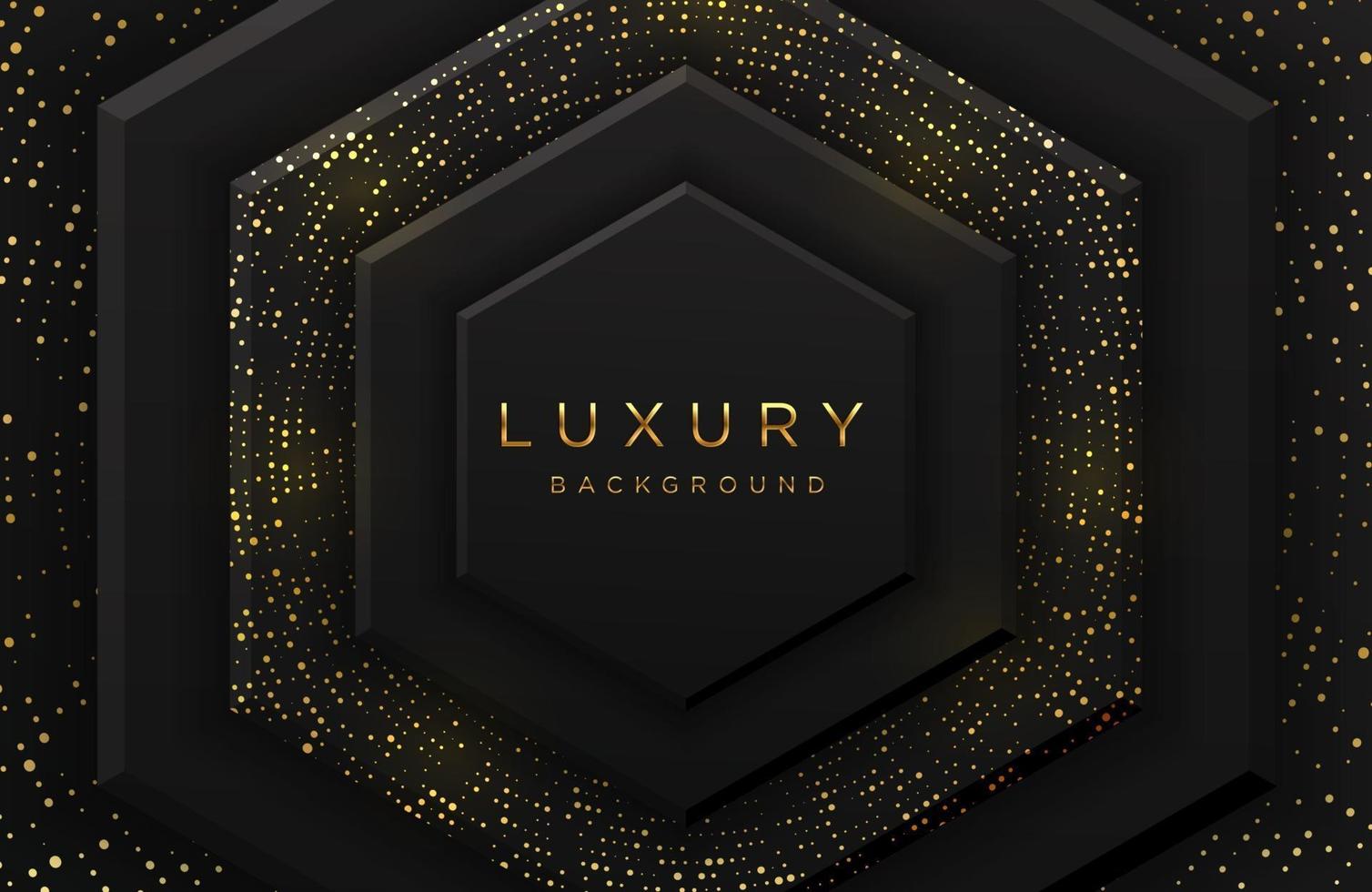 Luxury elegant 3d hexagon shape background with shimmering gold dotted pattern and lines isolated on black. Abstract realistic black papercut background. Elegant template vector