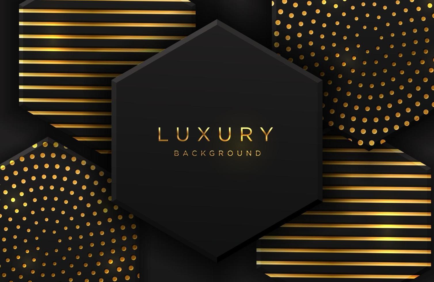 Luxury elegant 3d hexagon shape background with shimmering gold dotted pattern and lines isolated on black. Abstract realistic black papercut background. Elegant template vector