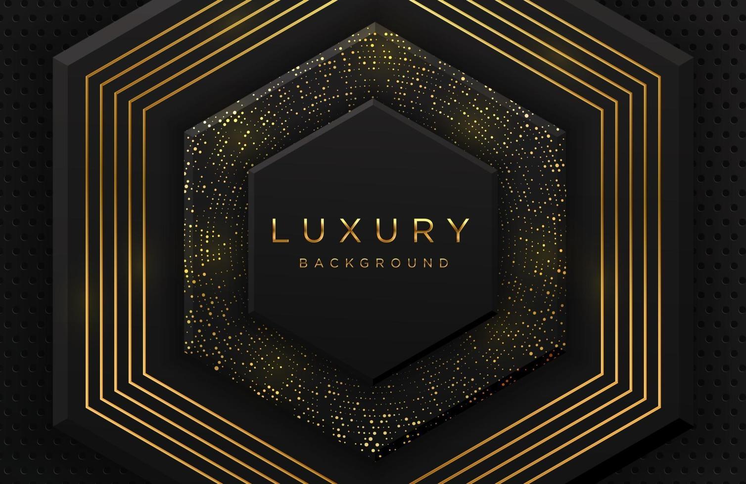 Luxury elegant 3d hexagon shape background with shimmering gold dotted pattern and lines isolated on black. Abstract realistic black papercut background. Elegant template vector