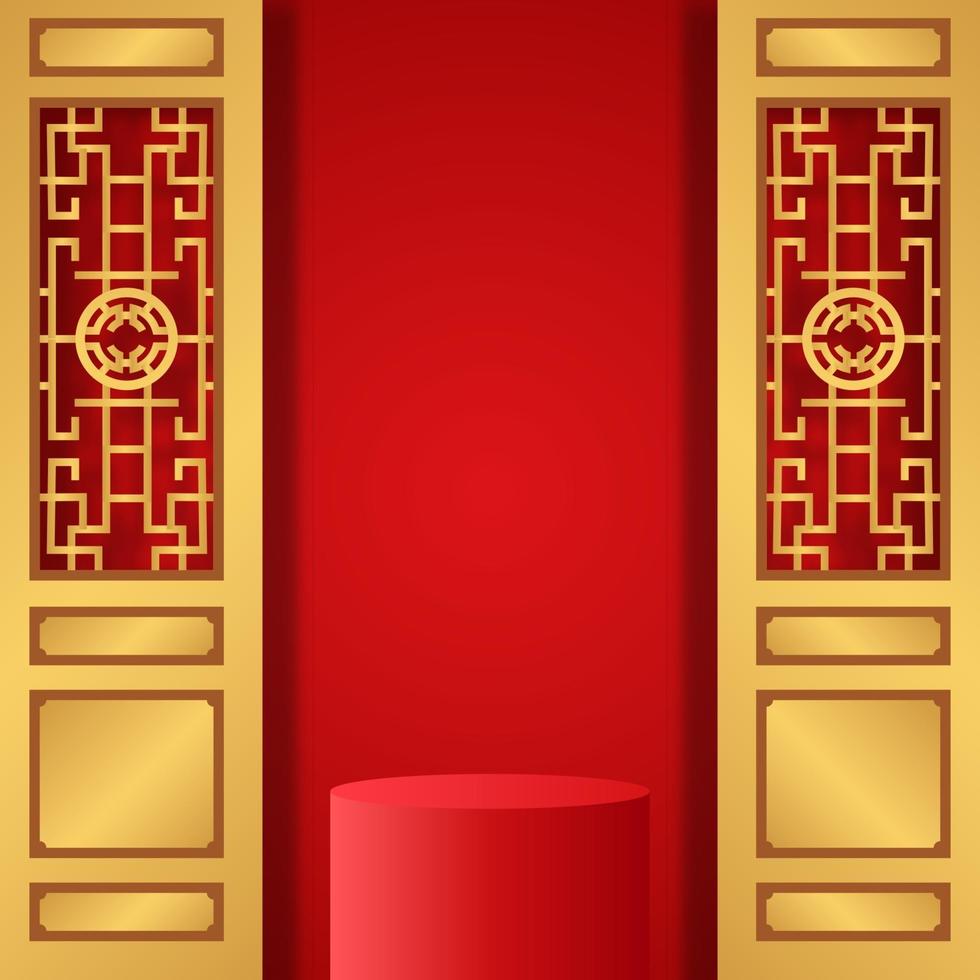 Chinese new year red background banner with podium pedestal stage product display with golden doors vector