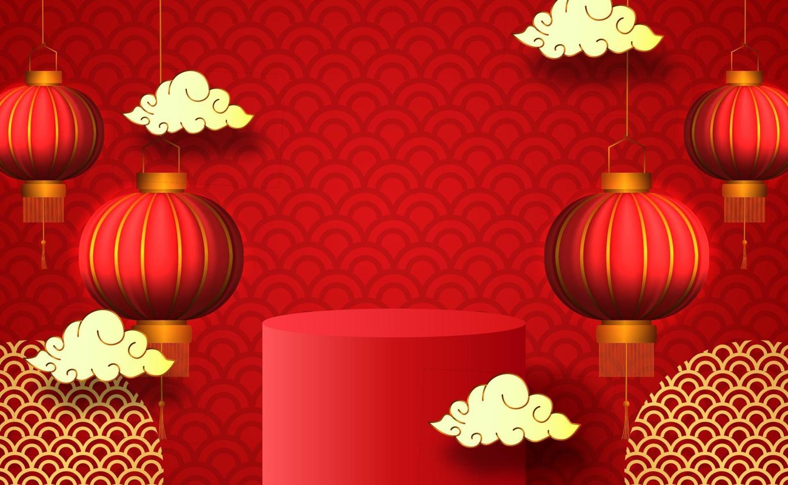 Chinese New Year Podium, Lanterns and Clouds vector