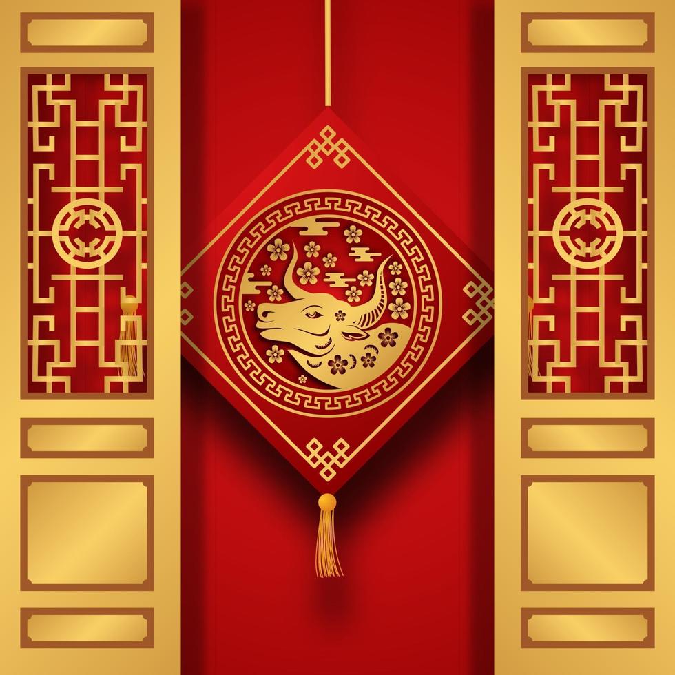 red color fortune lucky with ox zodiac animal Chinese new year with door and hanging decoration vector