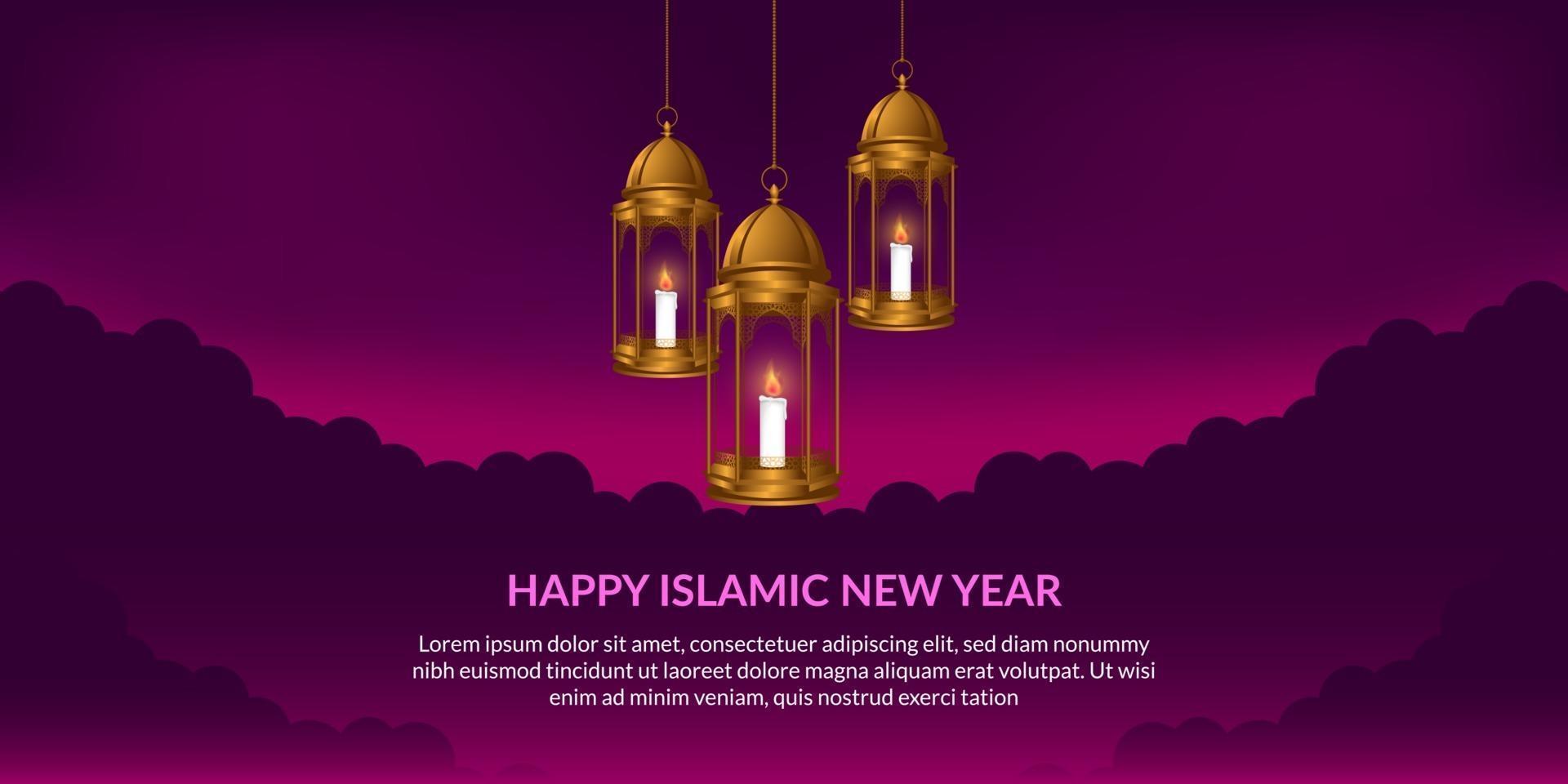 Islamic new year. Happy muharram. hanging fanous arabic golden lantern with purple background. vector