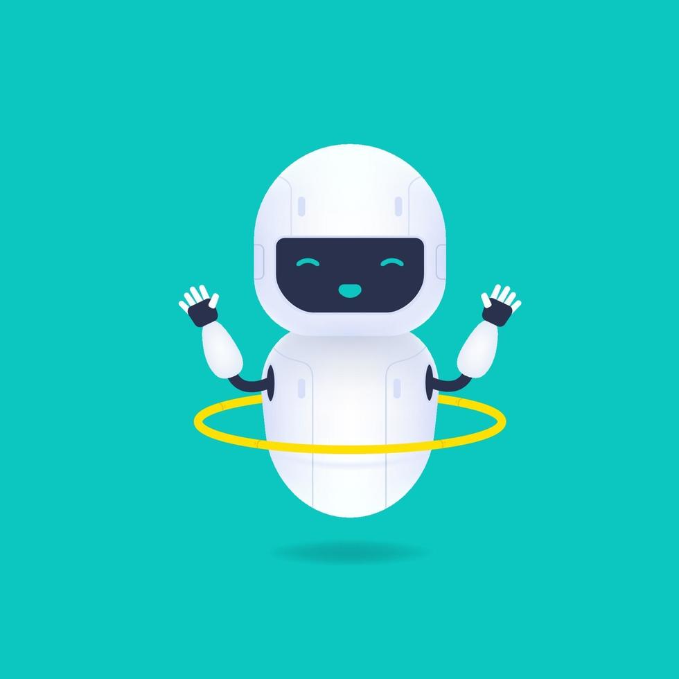 White friendly robot character. Cute and smile AI robot twirling a hoop. vector