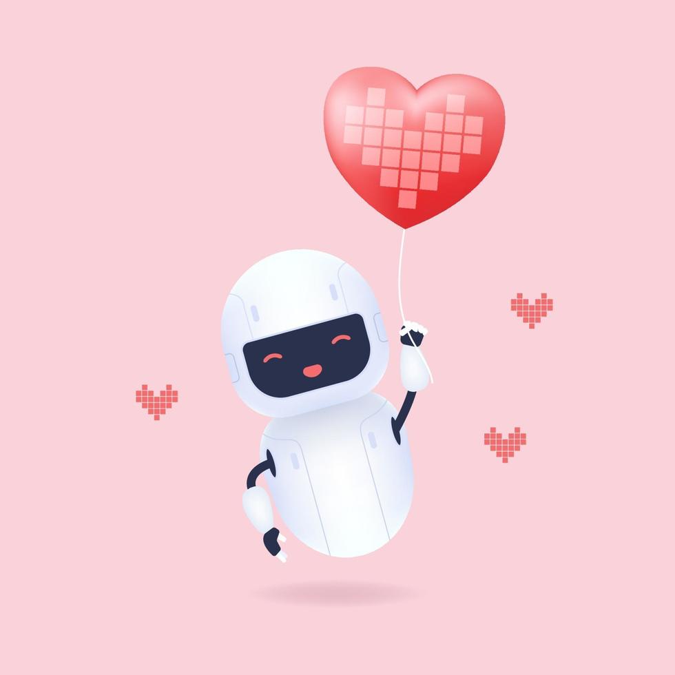 White friendly robot holding heart shape balloon. vector