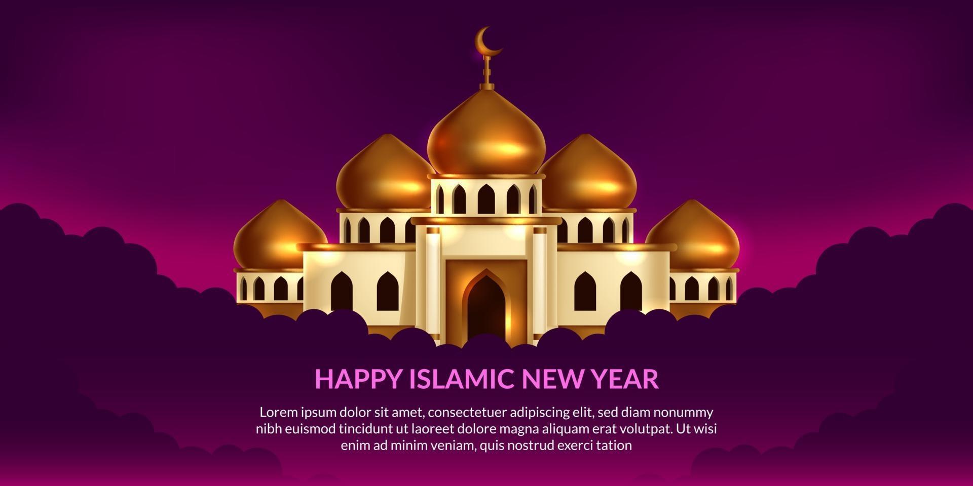 Islamic new year. Happy muharram. illustration of golden dome mosque with purple background. vector