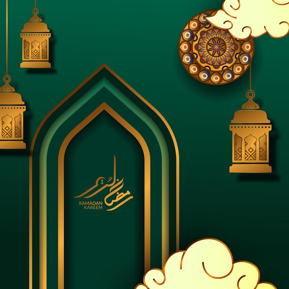 islamic event greeting card template. Illustration of gate door mosque with circle mandala, ramadan kareem golden calligraphy, fanoos lantern vector