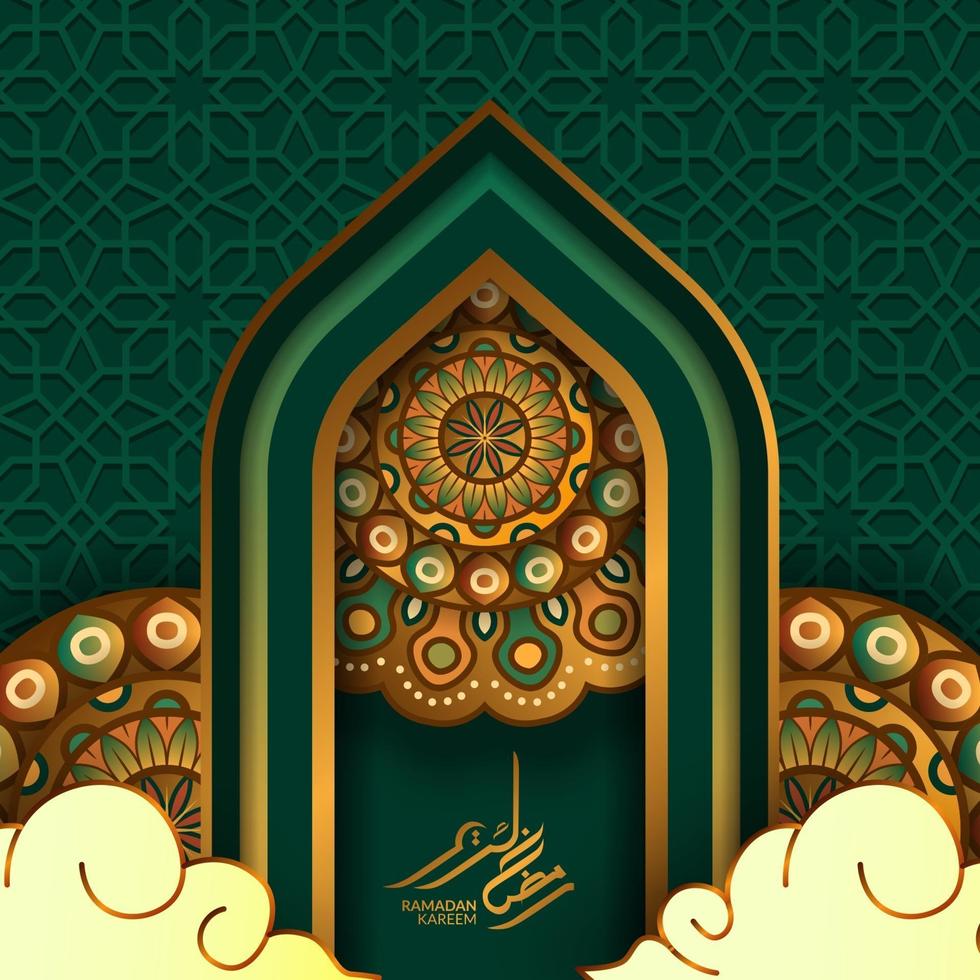 islamic event greeting card template. Illustration of gate door mosque with circle round mandala, ramadan kareem golden calligraphy, and green background vector