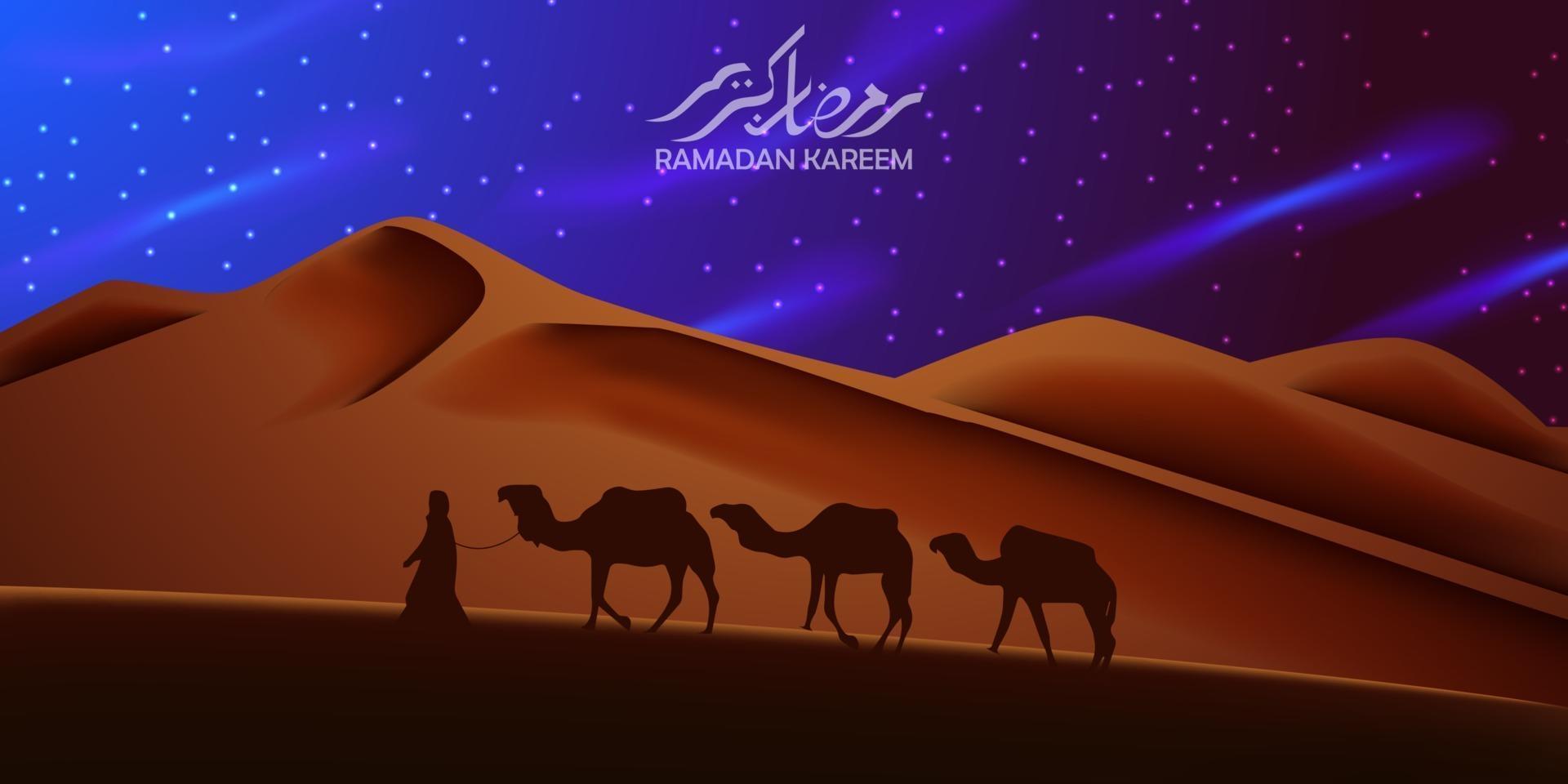 Hermoso fondo en el desierto con silueta de camello viajando por la noche vector