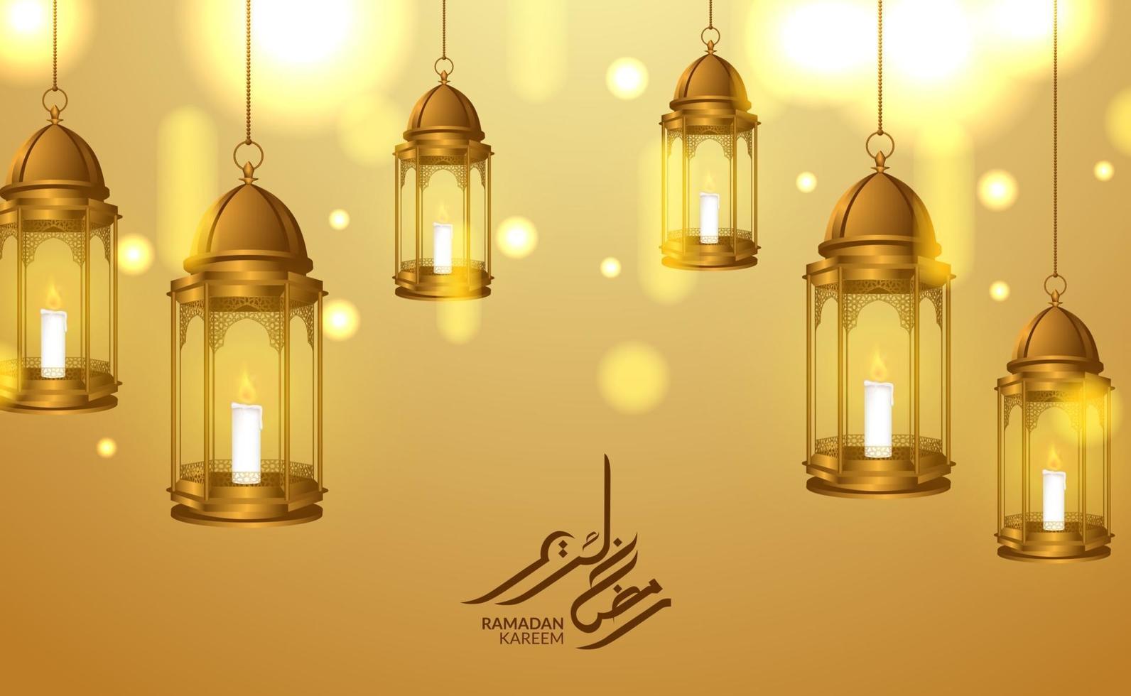 Islamic greeting card template. 3D golden hanging luxury fanoos arabic lantern illustration with light and ramadan kareem calligraphy vector