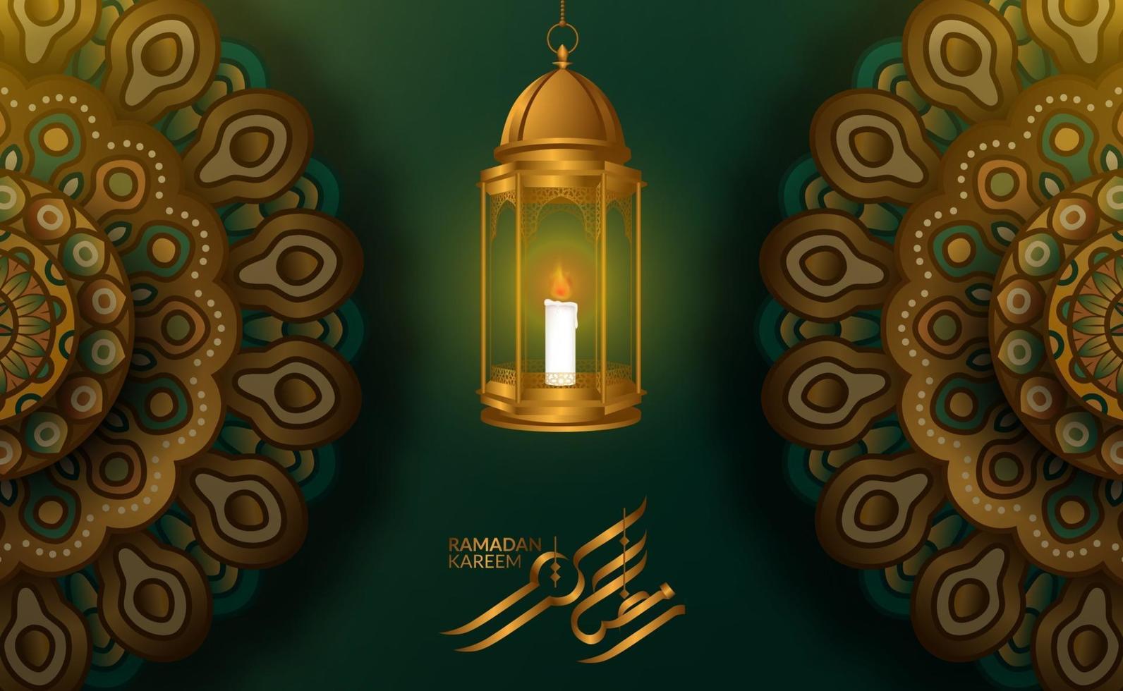 Greeting card template. Illustration of 3D fanoos arabic lantern with geometrical mandala pattern with green background and ramadan kareem calligraphy vector