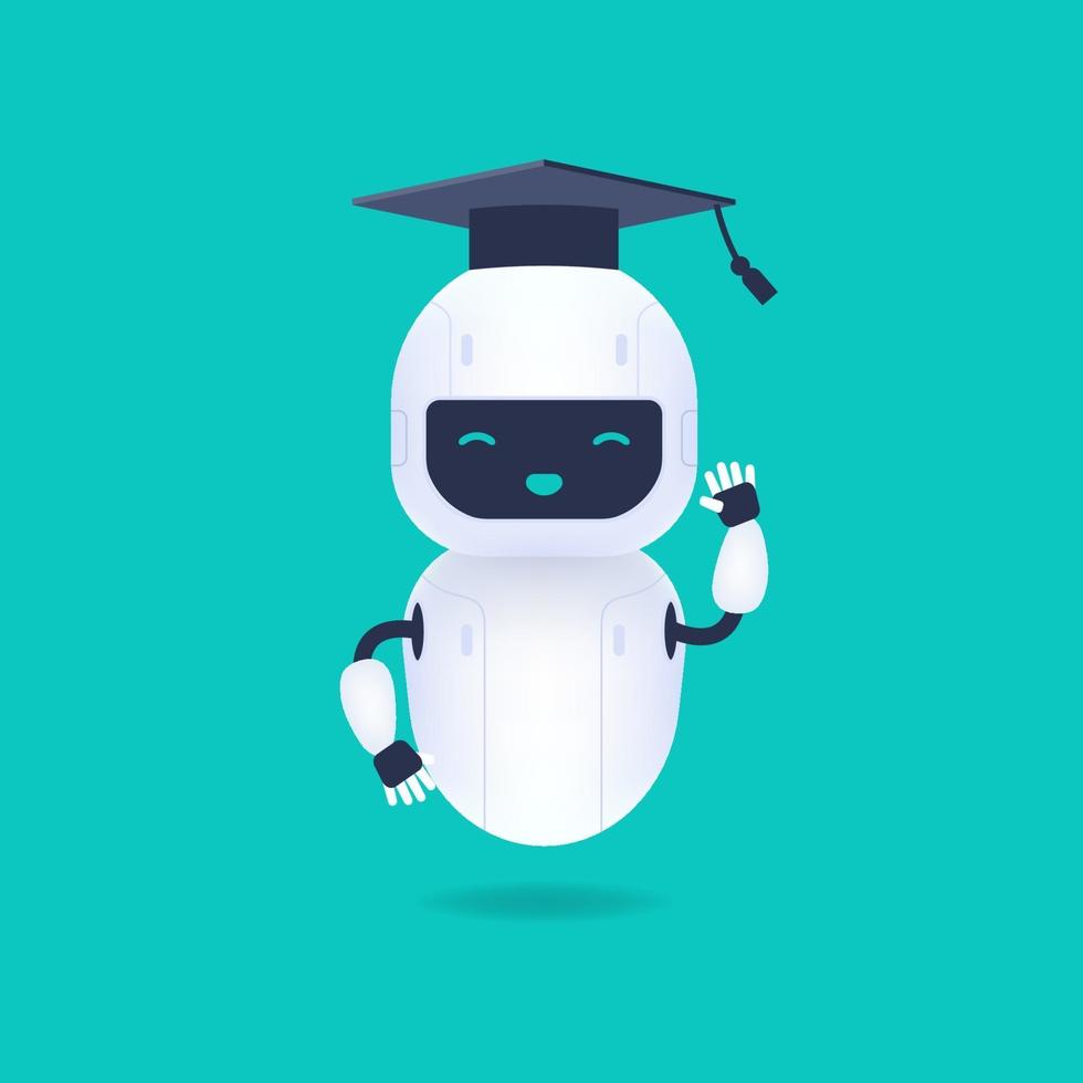 Carácter de robot amigable blanco. se graduó lindo y sonriente robot ai con gorro de graduación. concepto de aprendizaje automático. vector