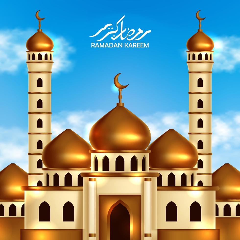 edificio de la mezquita de la cúpula dorada con fondo de cielo azul y. Plantilla de banner de cartel de evento de mes sagrado de evento islámico vector