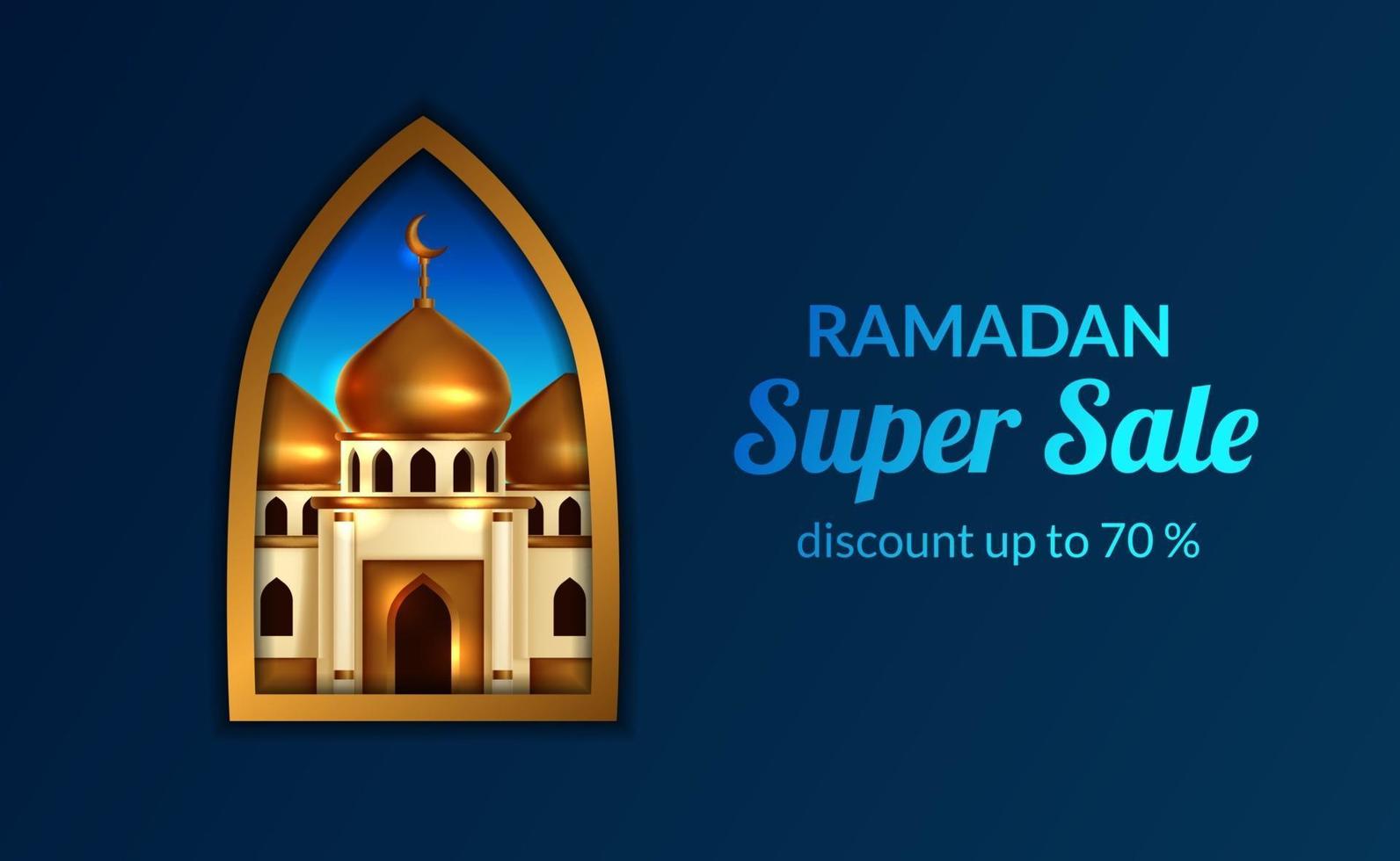 Ramadan sale offer banner template with illustration of 3d golden dome mosque view from window gold frame. Holy month fasting islamic event. vector