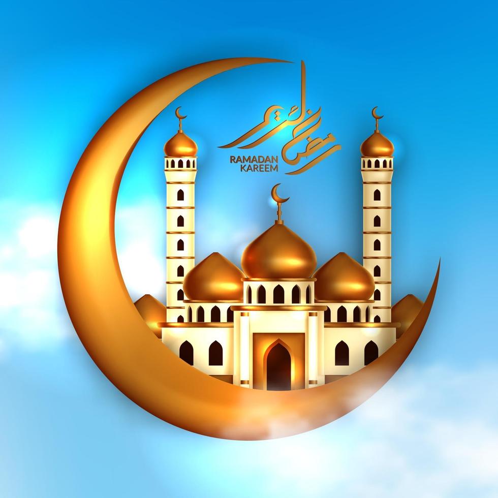 golden dome mosque building concept with gold moon crescent and ramadan kareem calligraphy with blue sky background. Holy month for islamic event vector