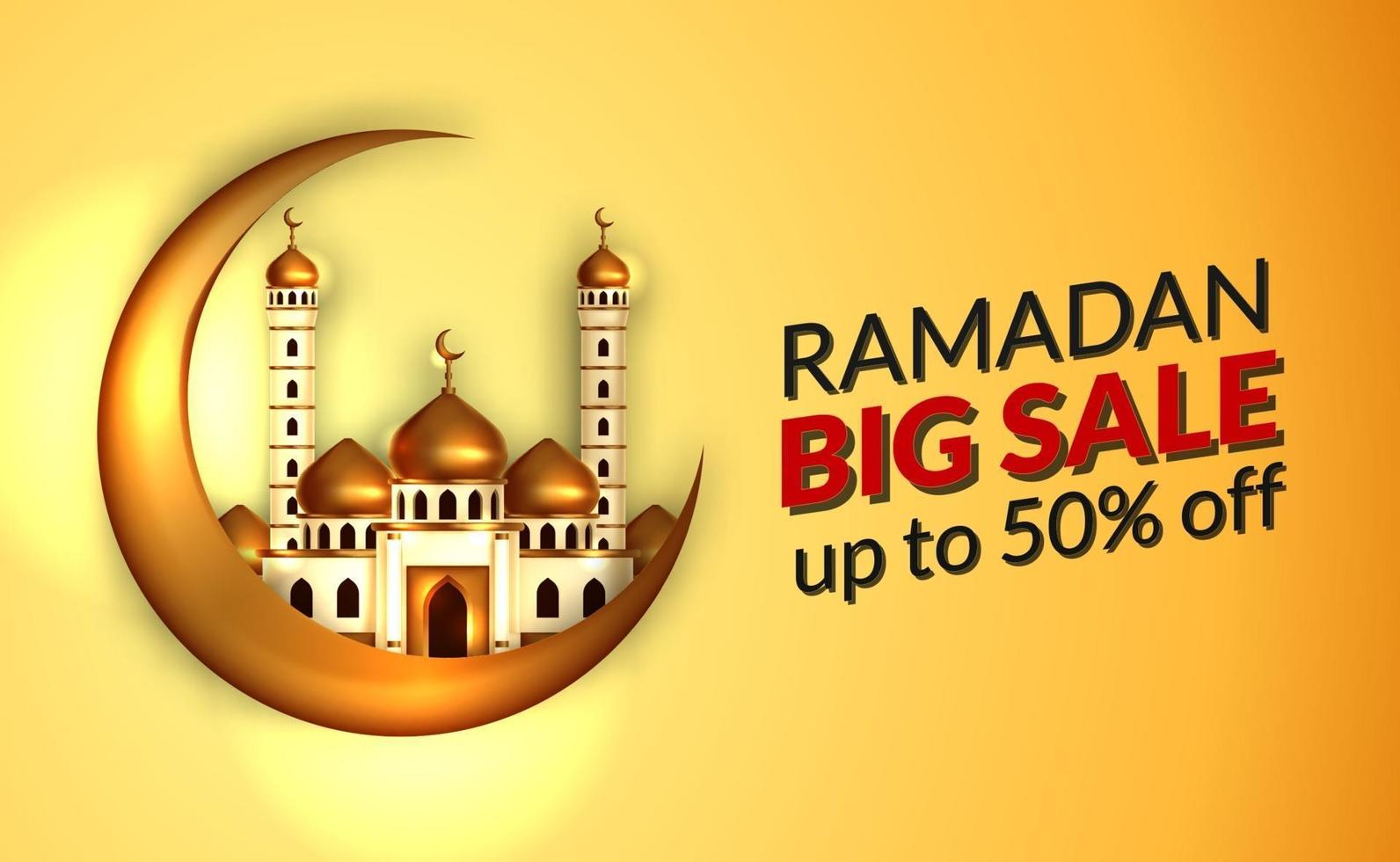 Ramadan sale offer banner template with illustration of  3d golden dome mosque with 3d gold crescent moon illustration. Islamic holy month fasting event. vector