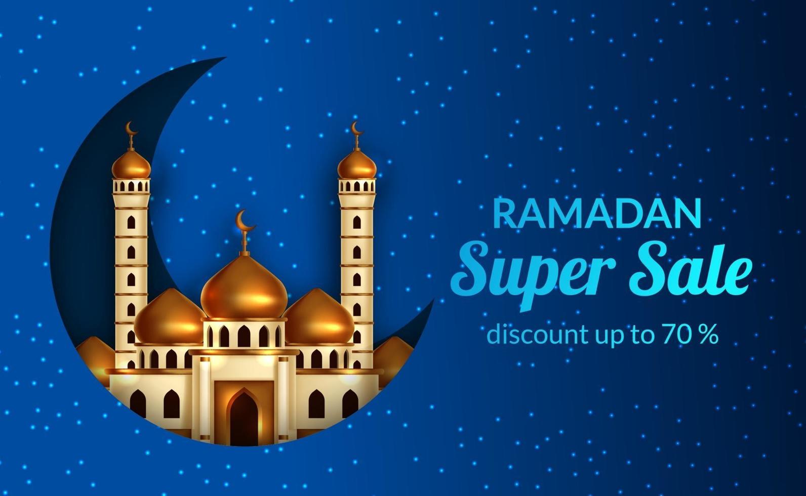 Ramadan sale offer banner template with illustration of golden dome mosque with crescent and blue light background vector