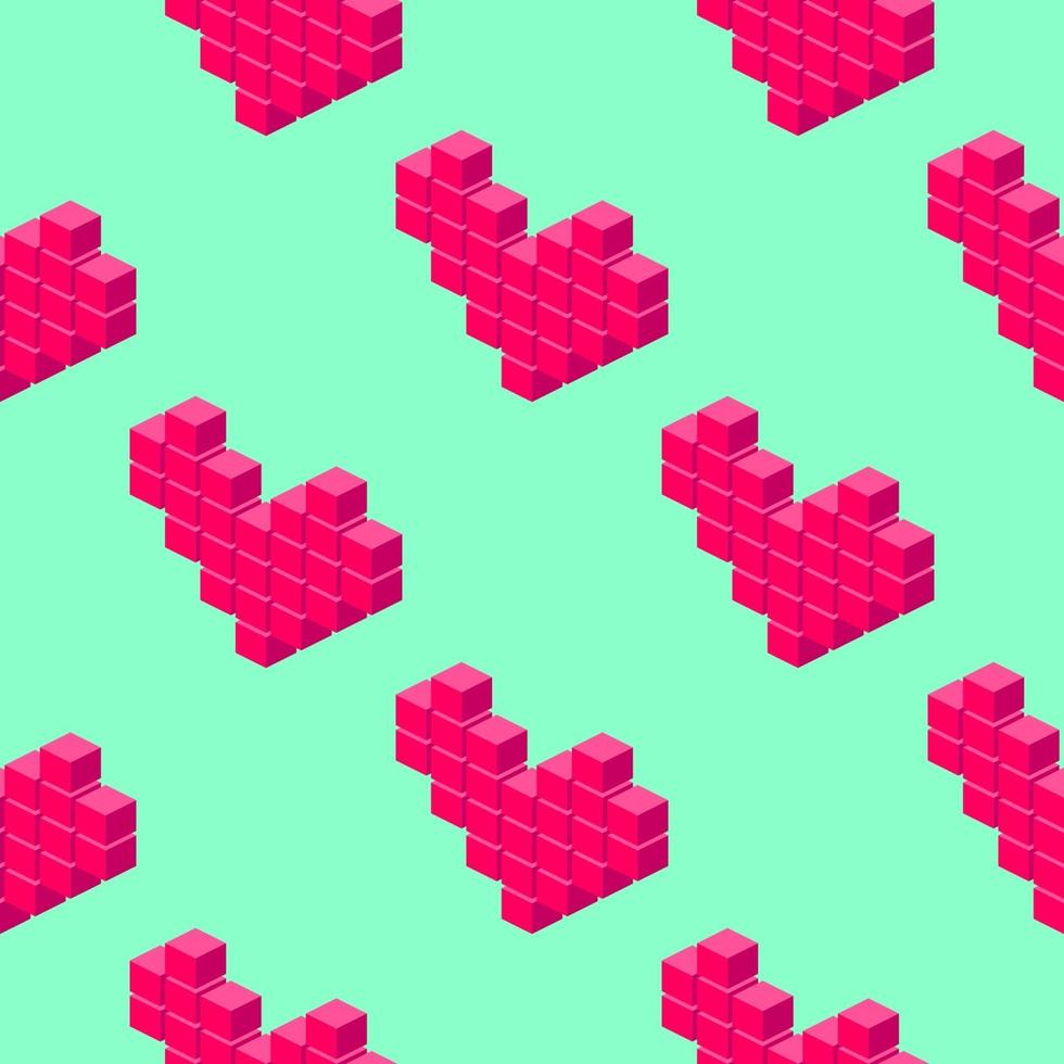 Isometric pixel hearts seamless pattern on light green background. vector