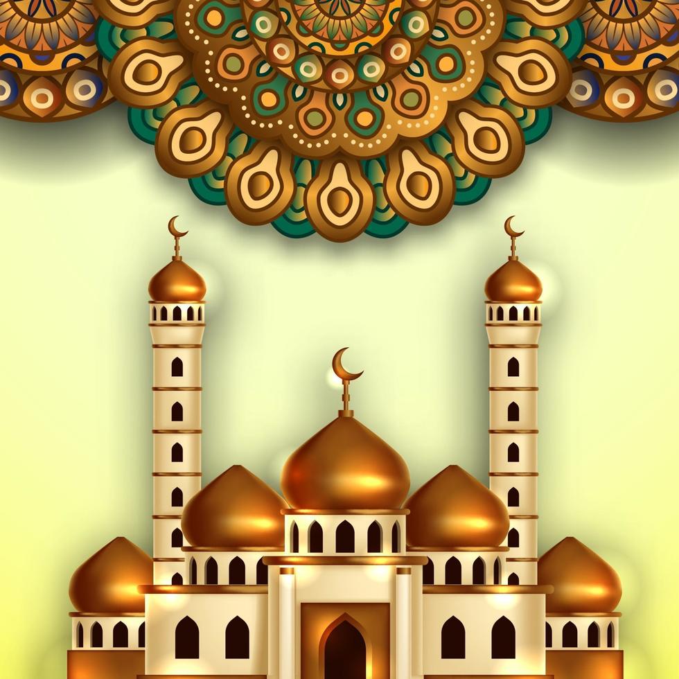 golden dome mosque building illustration with mandala ornament traditional pattern. islamic event holy month fasting ramadan kareem mubarak vector