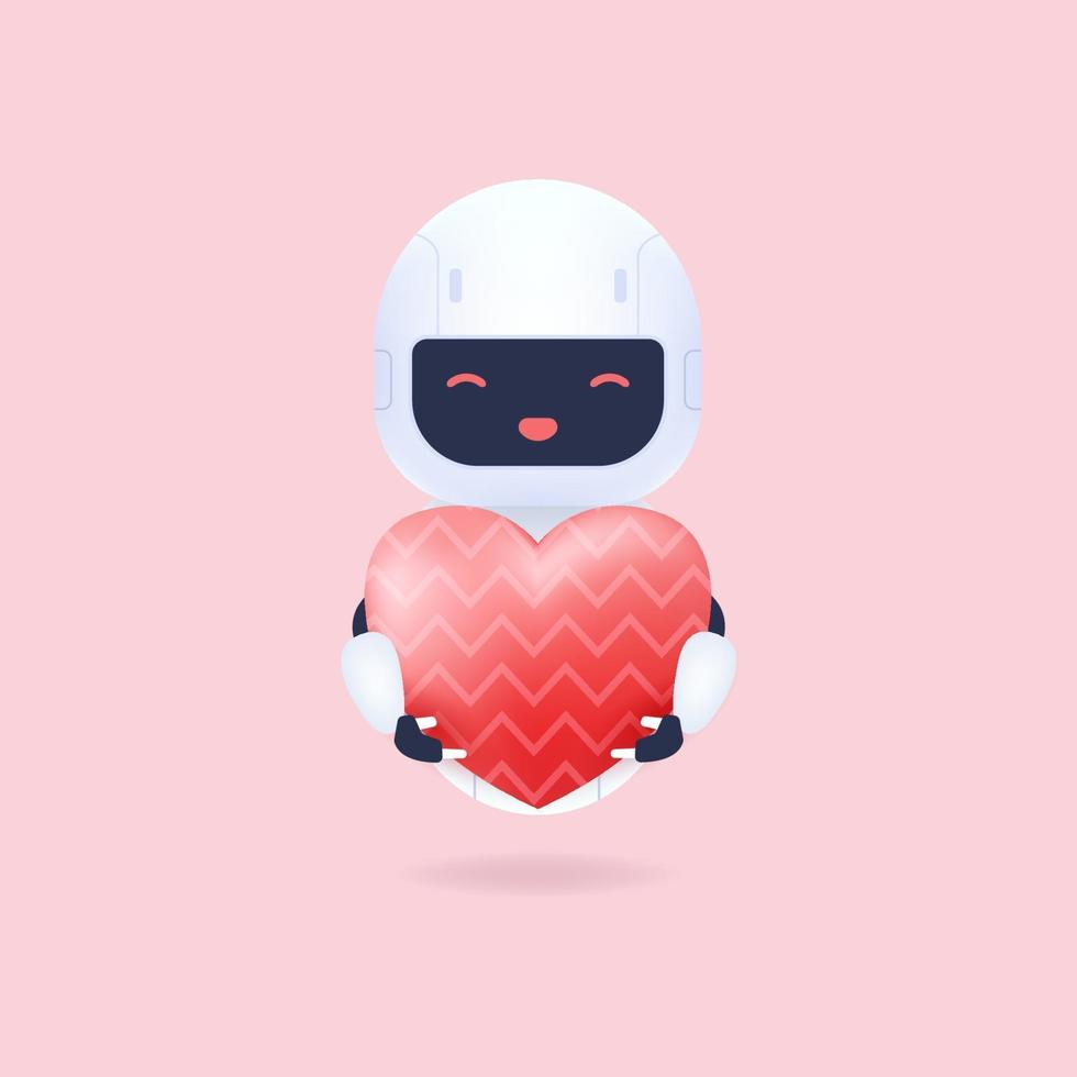 robot amistoso blanco que sostiene un globo del corazón. vector