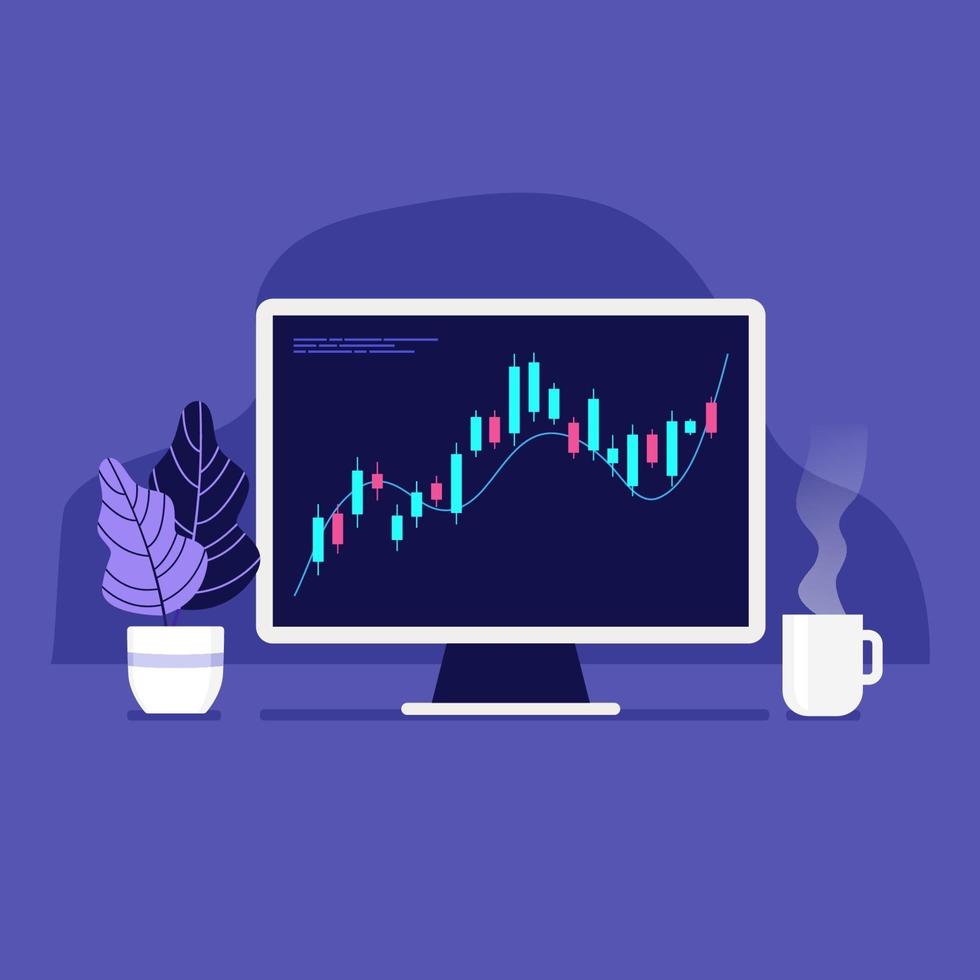 Computer with positive forex chart on desktop with coffee cup. Trade currency concept. vector