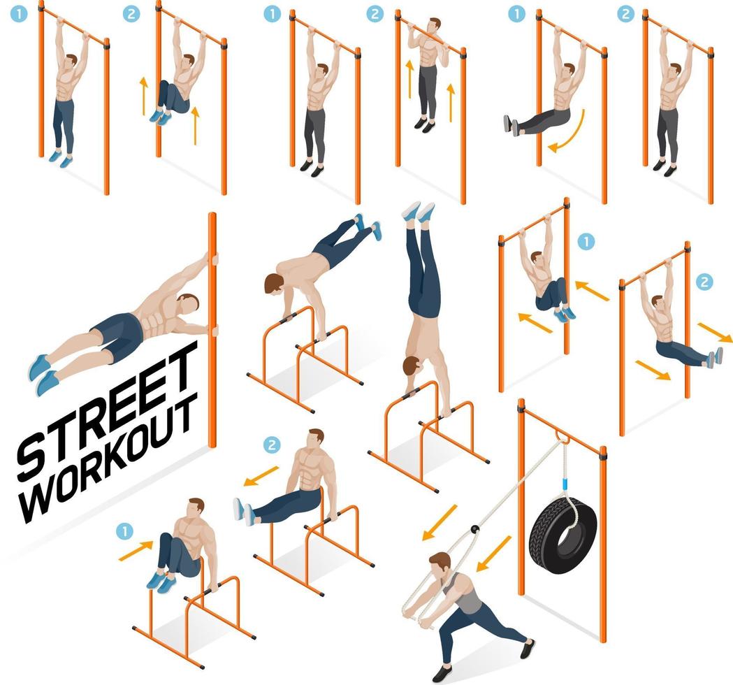 Street workout exercises. Vector illustrations.