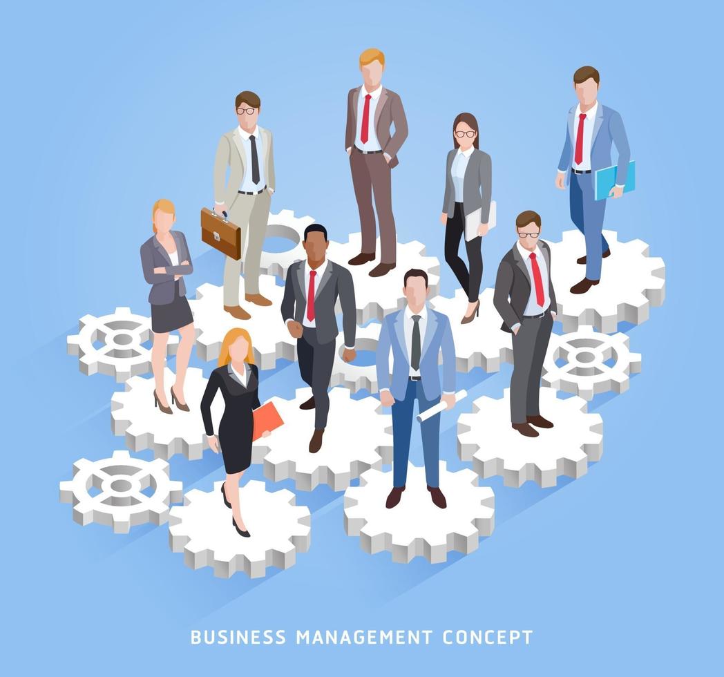 Business teamwork management conceptual. Business men and women standing on cogs and gears. Vector illustrations.