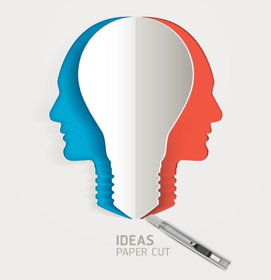 Light bulb and human head icon papercut. Vector illustrations.