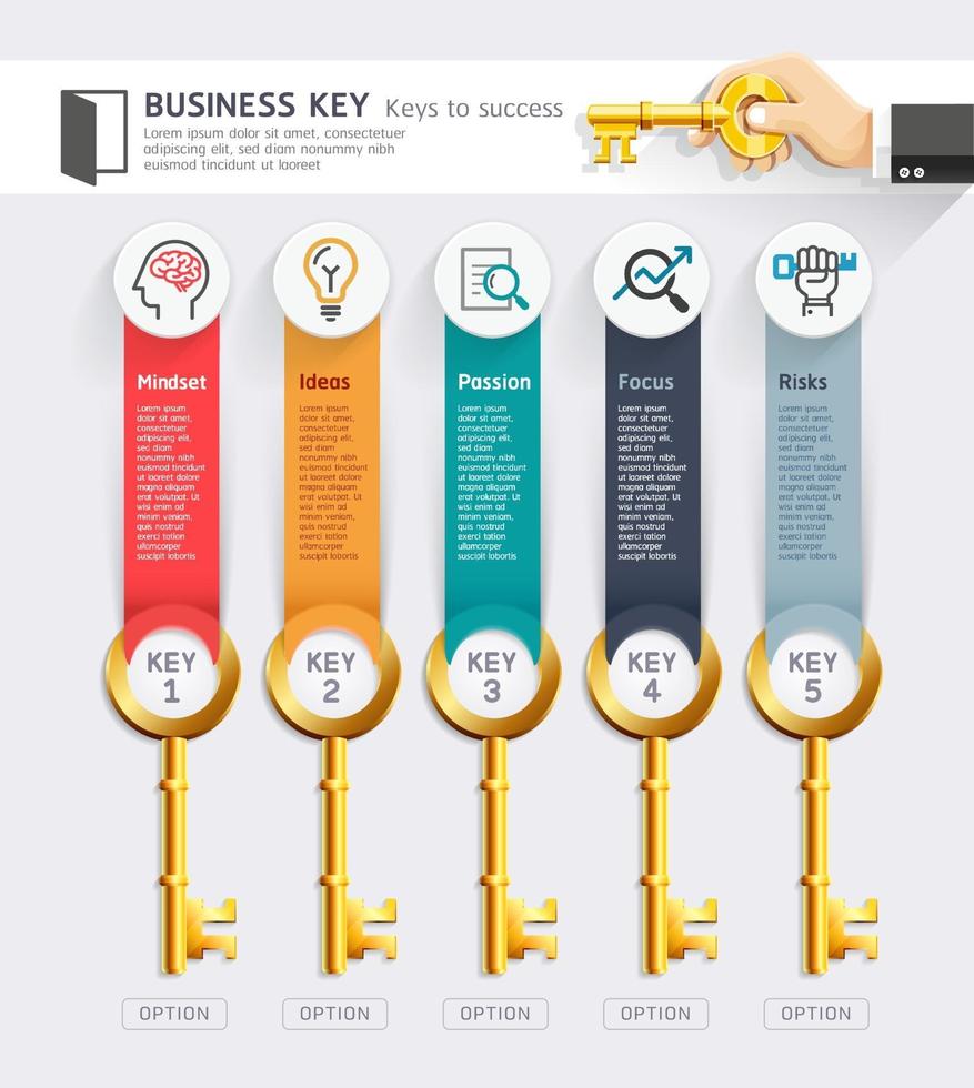 Plantilla de diseño de infografías de concepto clave de negocio. ilustración vectorial. se puede utilizar para diseño de flujo de trabajo, diagrama, opciones numéricas, opciones de inicio, diseño web. vector