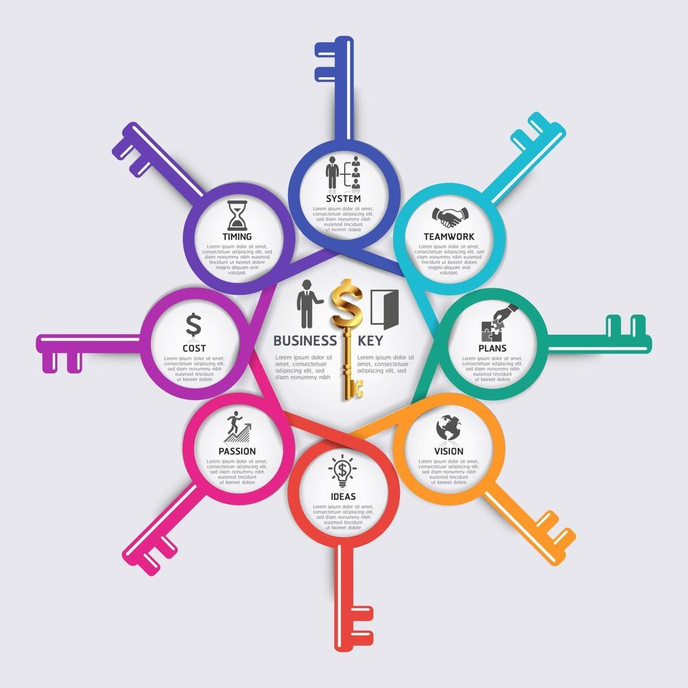 Business key concept infographics design template. Vector illustration. Can be used for workflow layout, diagram, number options, start up options, web design.