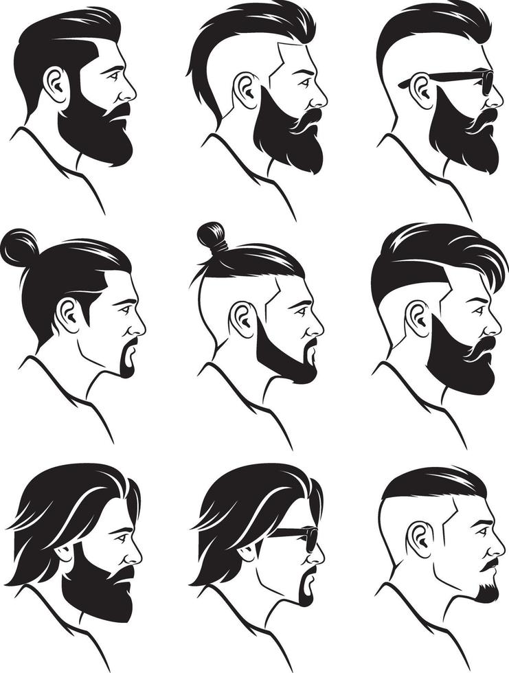 Hipsters men faces collection side view. Vector illustration.