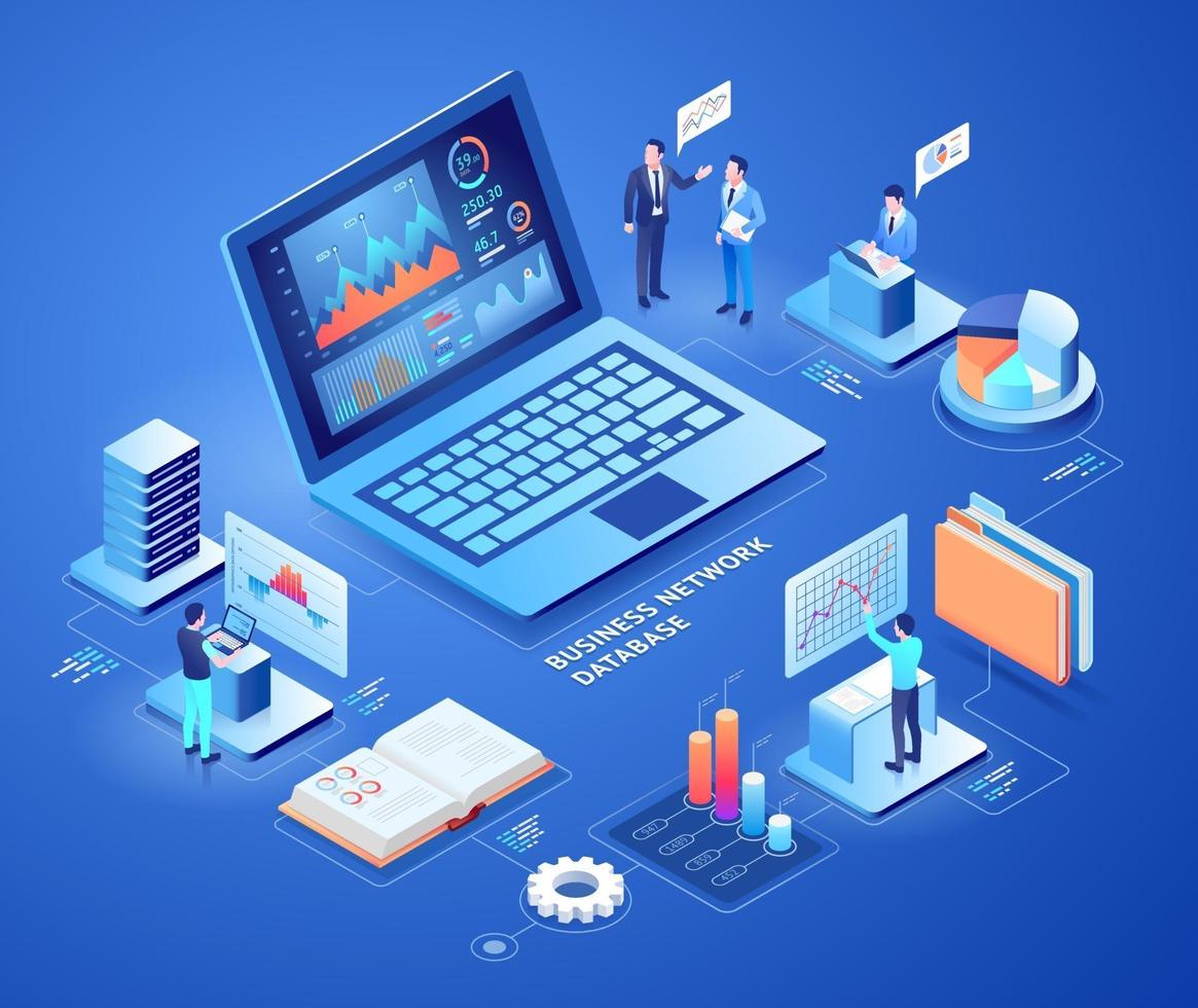 Business network database vector isometric illustrations.