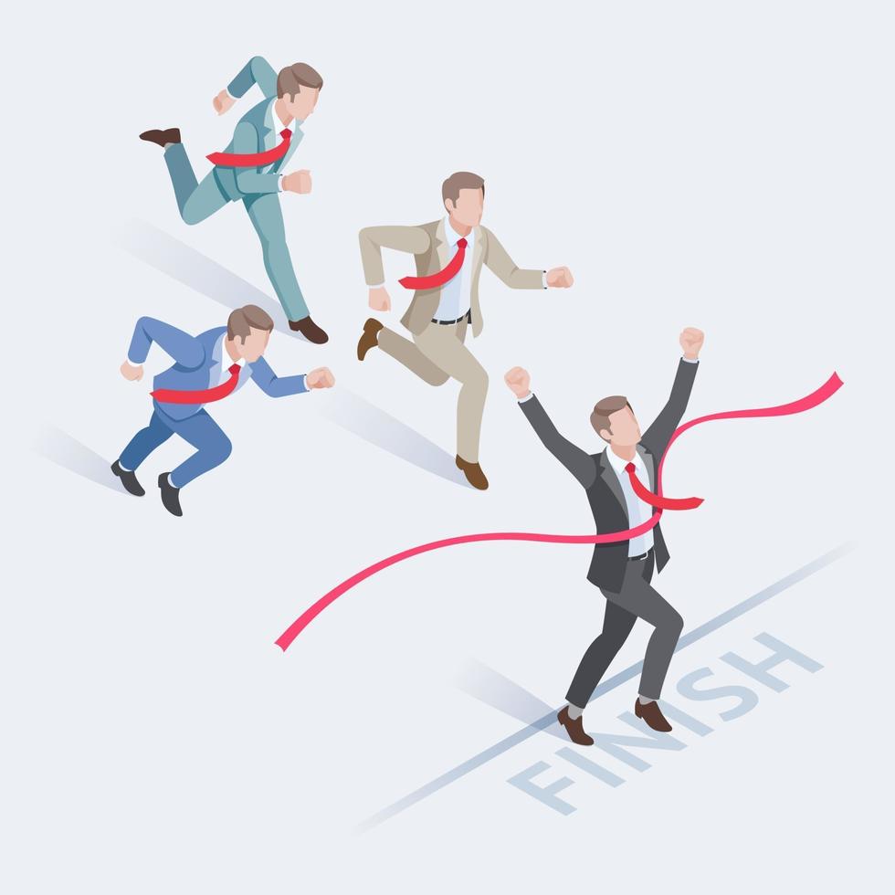Business people concepts for success. Group of businessman running at the finish line. Isometric vector illustration.