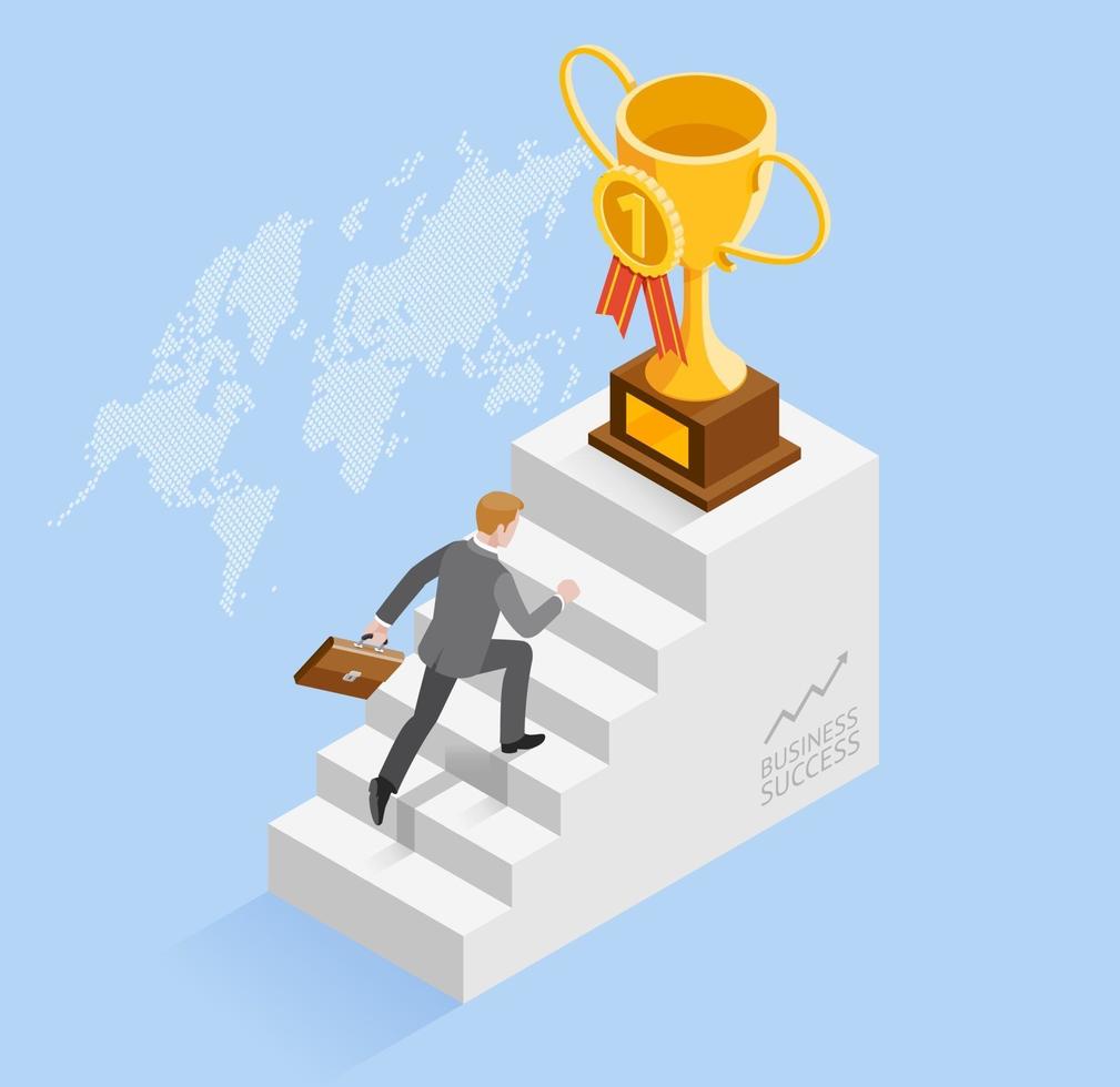 Business people concepts for success. Businessman speed up running up the Stairs to the gold trophy cup icon. Isometric vector illustration.