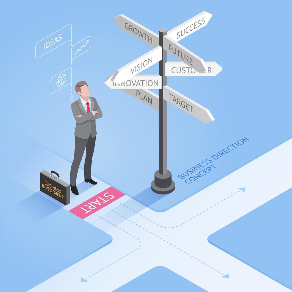 Business people concepts. Businessman standing at a crossroad and looking directional signs arrows. Isometric vector illustration.