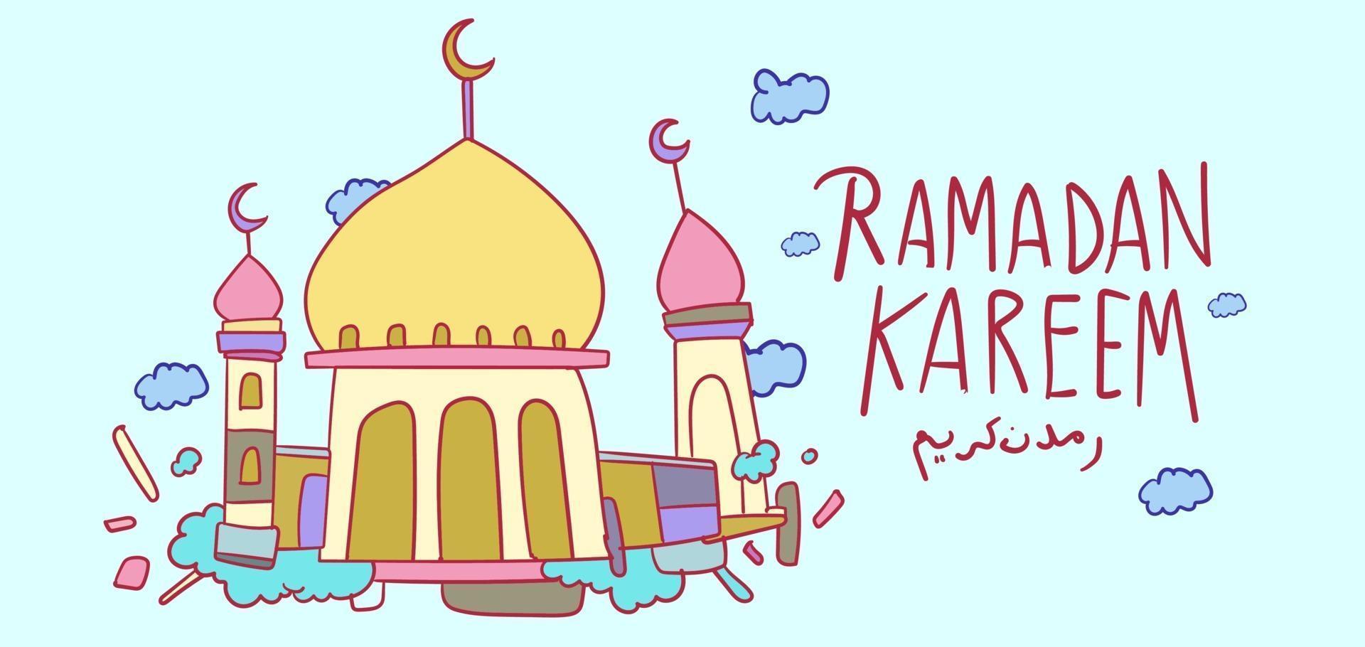 ramadan kareem mezquita islámica niños saludo dibujado a mano vector