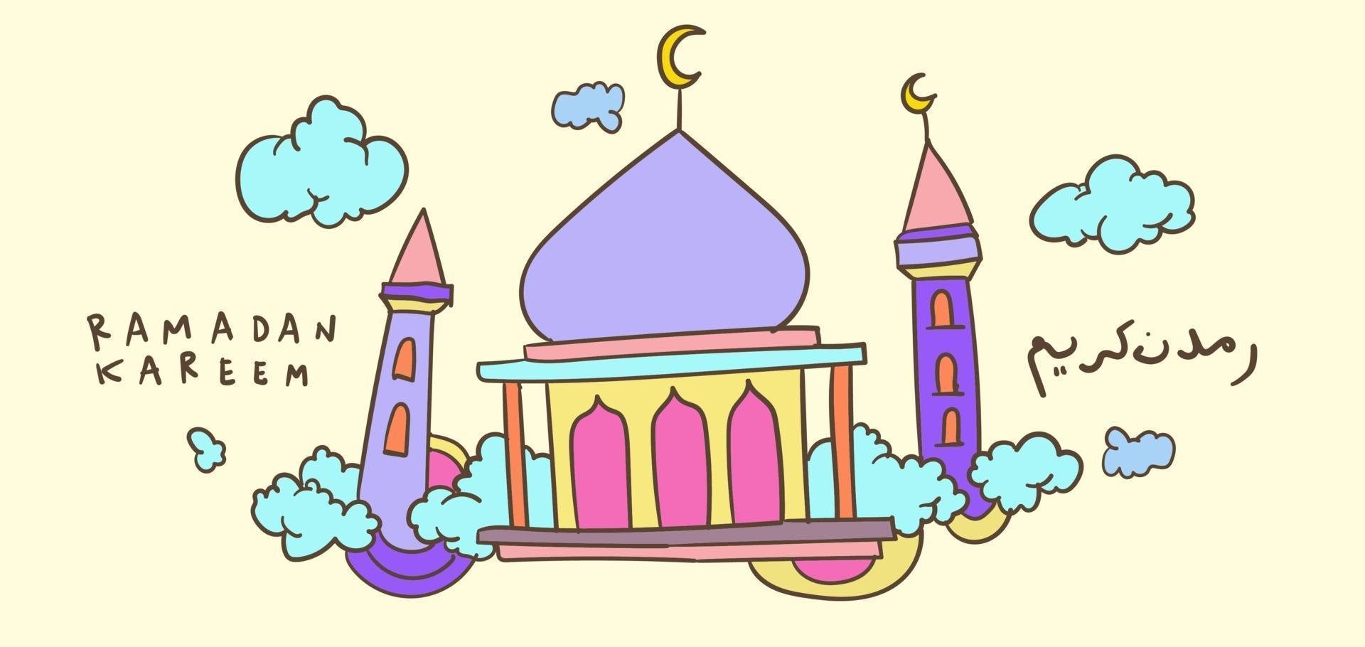 Ramadan kareem islamic mosque kids hand drawn greeting vector