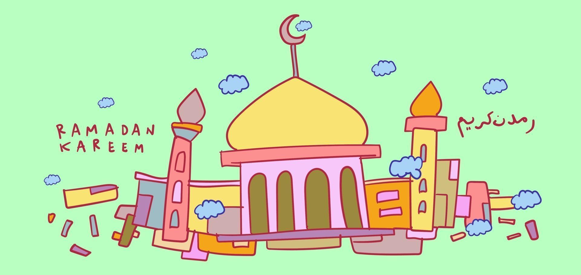 ramadan kareem mezquita islámica niños saludo dibujado a mano vector